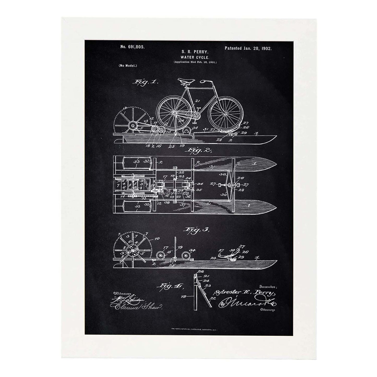 Poster con patente de Bicicleta acuatica. Lámina con diseño de patente antigua-Artwork-Nacnic-A3-Marco Blanco-Nacnic Estudio SL