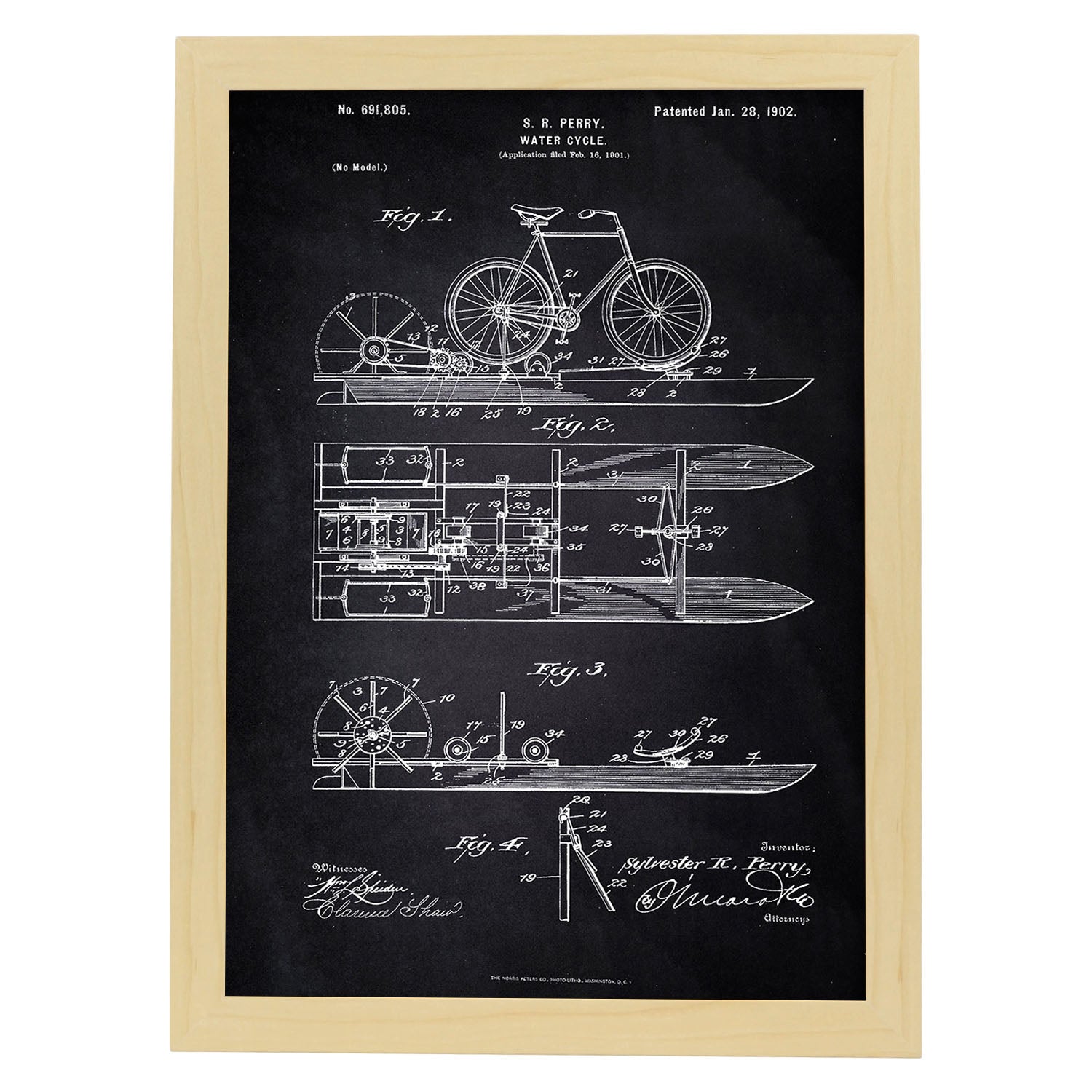 Poster con patente de Bicicleta acuatica. Lámina con diseño de patente antigua-Artwork-Nacnic-A3-Marco Madera clara-Nacnic Estudio SL