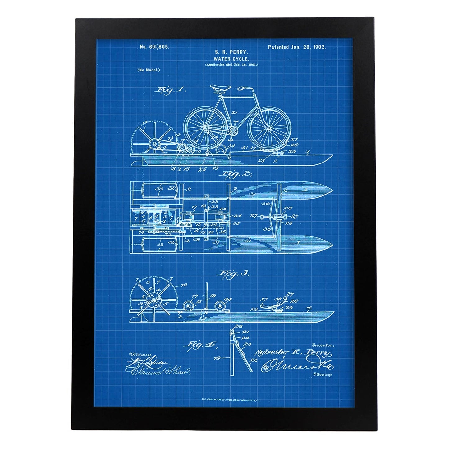 Poster con patente de Bicicleta acuatica. Lámina con diseño de patente antigua-Artwork-Nacnic-A3-Marco Negro-Nacnic Estudio SL