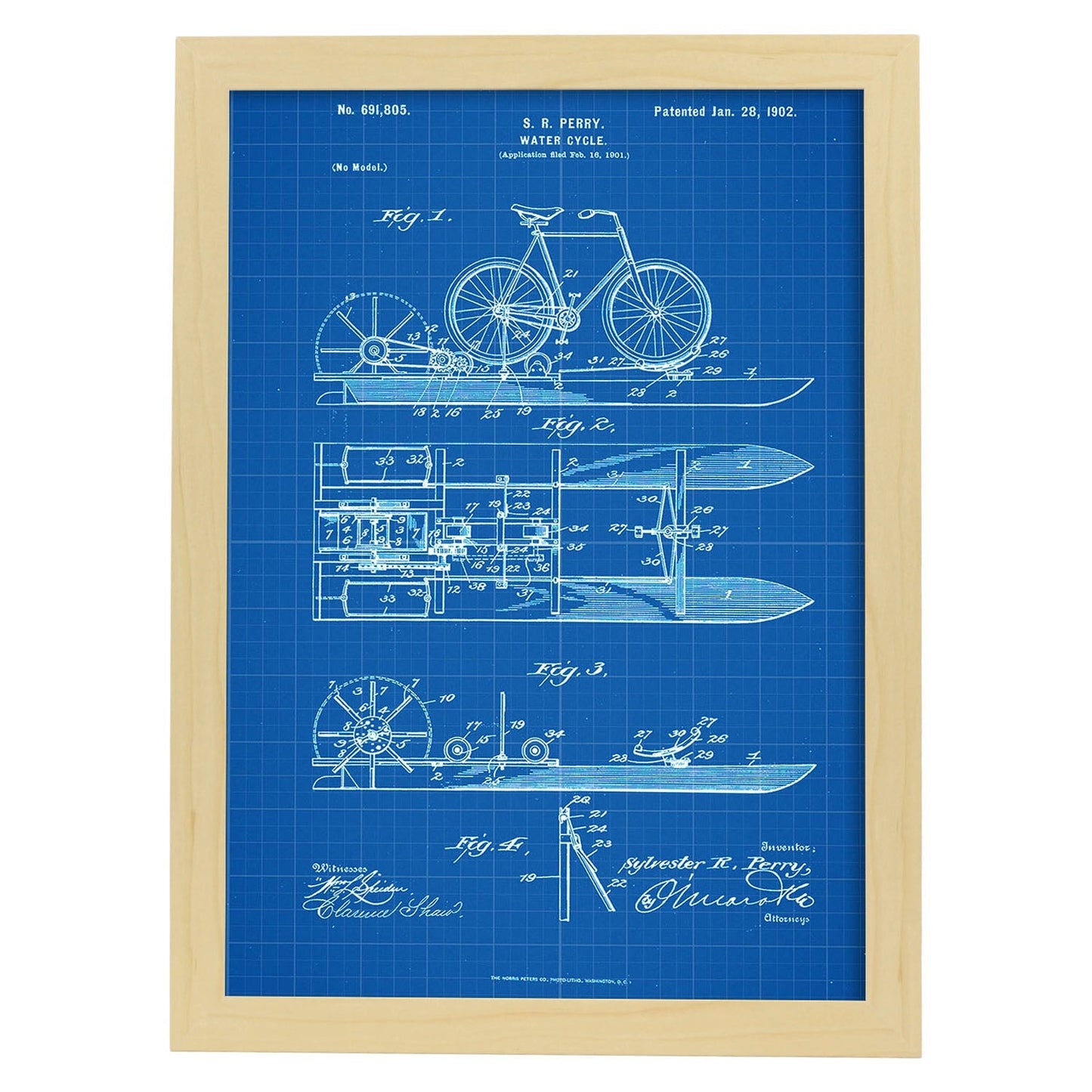 Poster con patente de Bicicleta acuatica. Lámina con diseño de patente antigua-Artwork-Nacnic-A4-Marco Madera clara-Nacnic Estudio SL