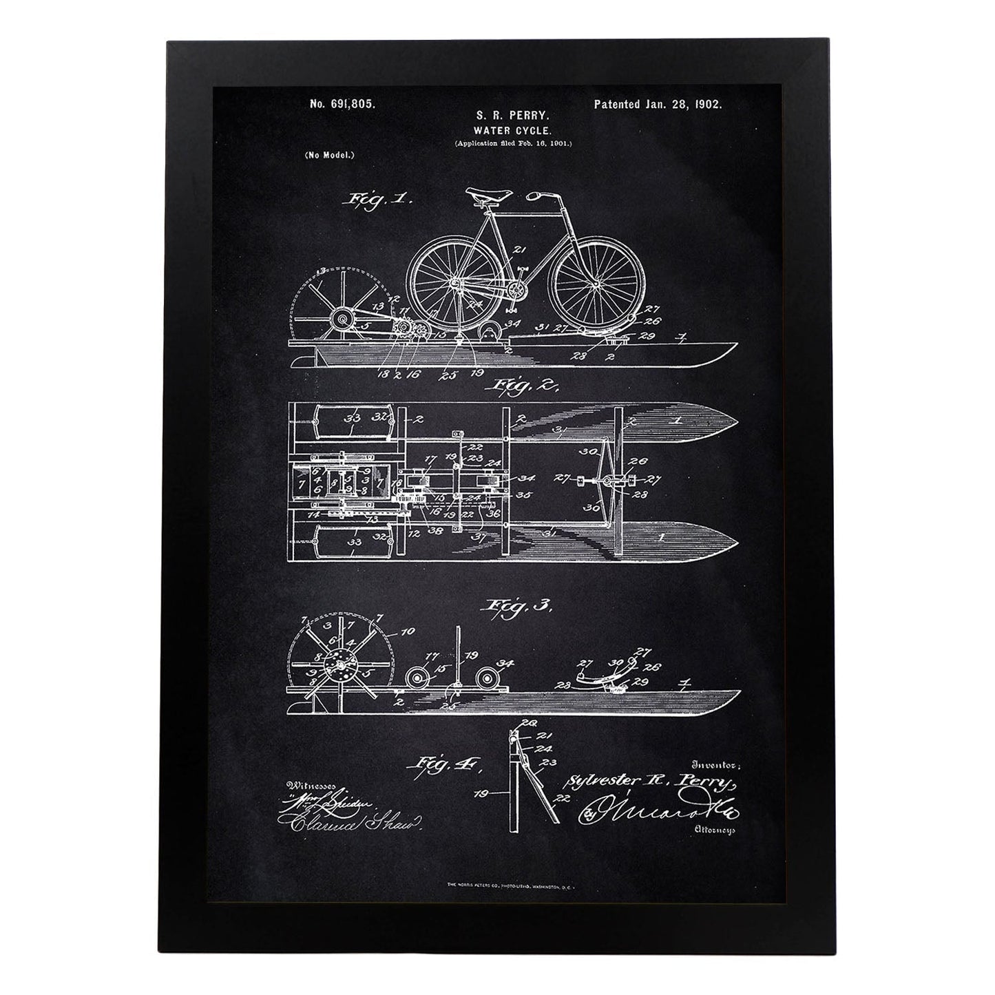 Poster con patente de Bicicleta acuatica. Lámina con diseño de patente antigua-Artwork-Nacnic-A4-Marco Negro-Nacnic Estudio SL