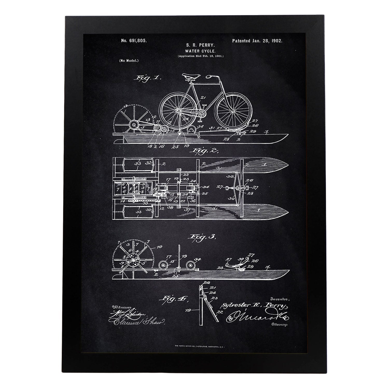 Poster con patente de Bicicleta acuatica. Lámina con diseño de patente antigua-Artwork-Nacnic-A4-Marco Negro-Nacnic Estudio SL