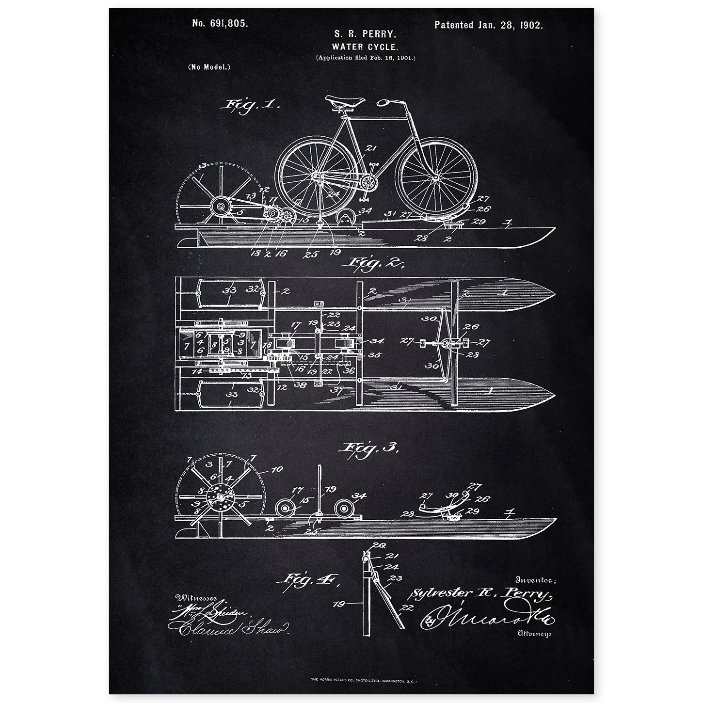 Poster con patente de Bicicleta acuatica. Lámina con diseño de patente antigua-Artwork-Nacnic-A4-Sin marco-Nacnic Estudio SL