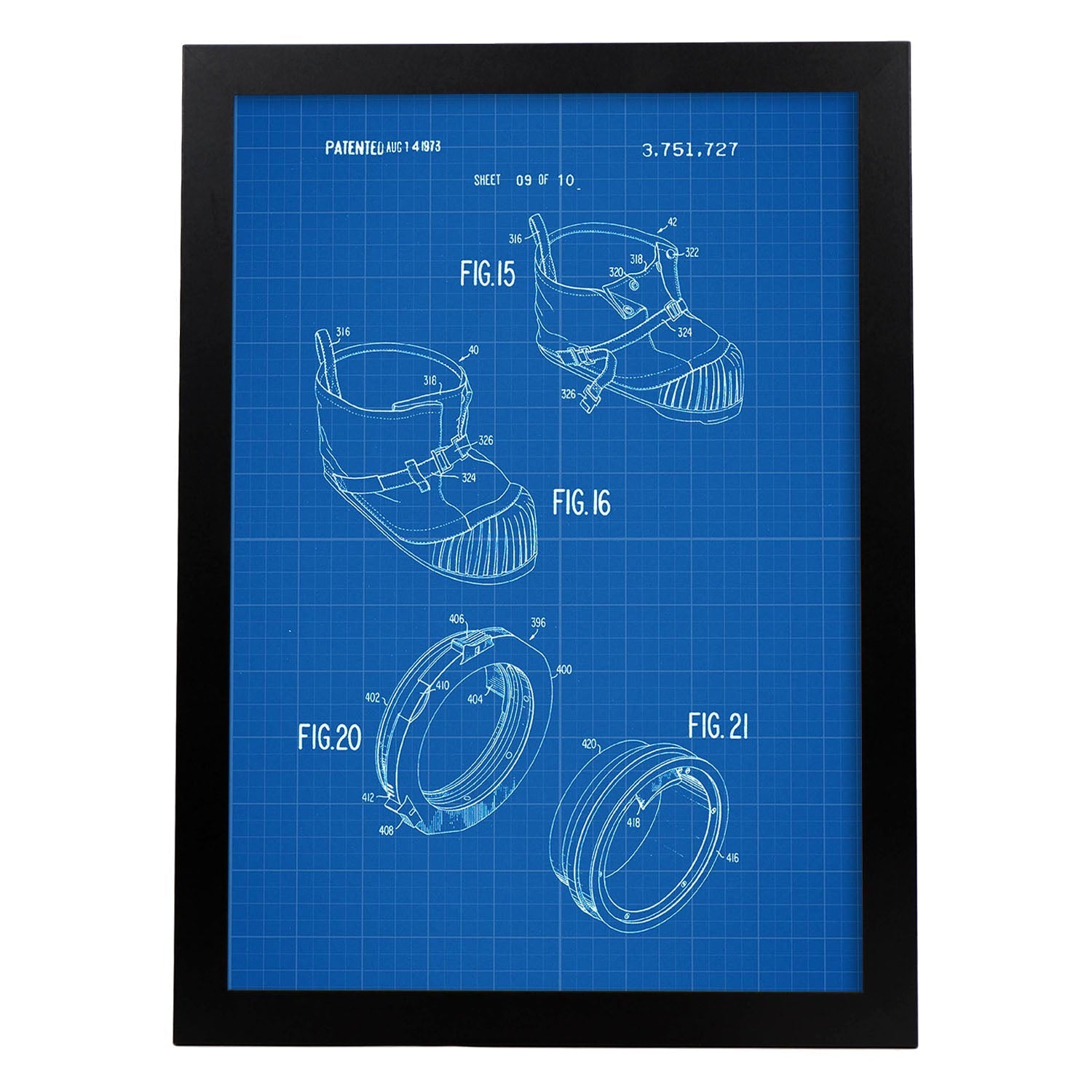 Poster con patente de Bota astronauta. Lámina con diseño de patente antigua-Artwork-Nacnic-A3-Marco Negro-Nacnic Estudio SL