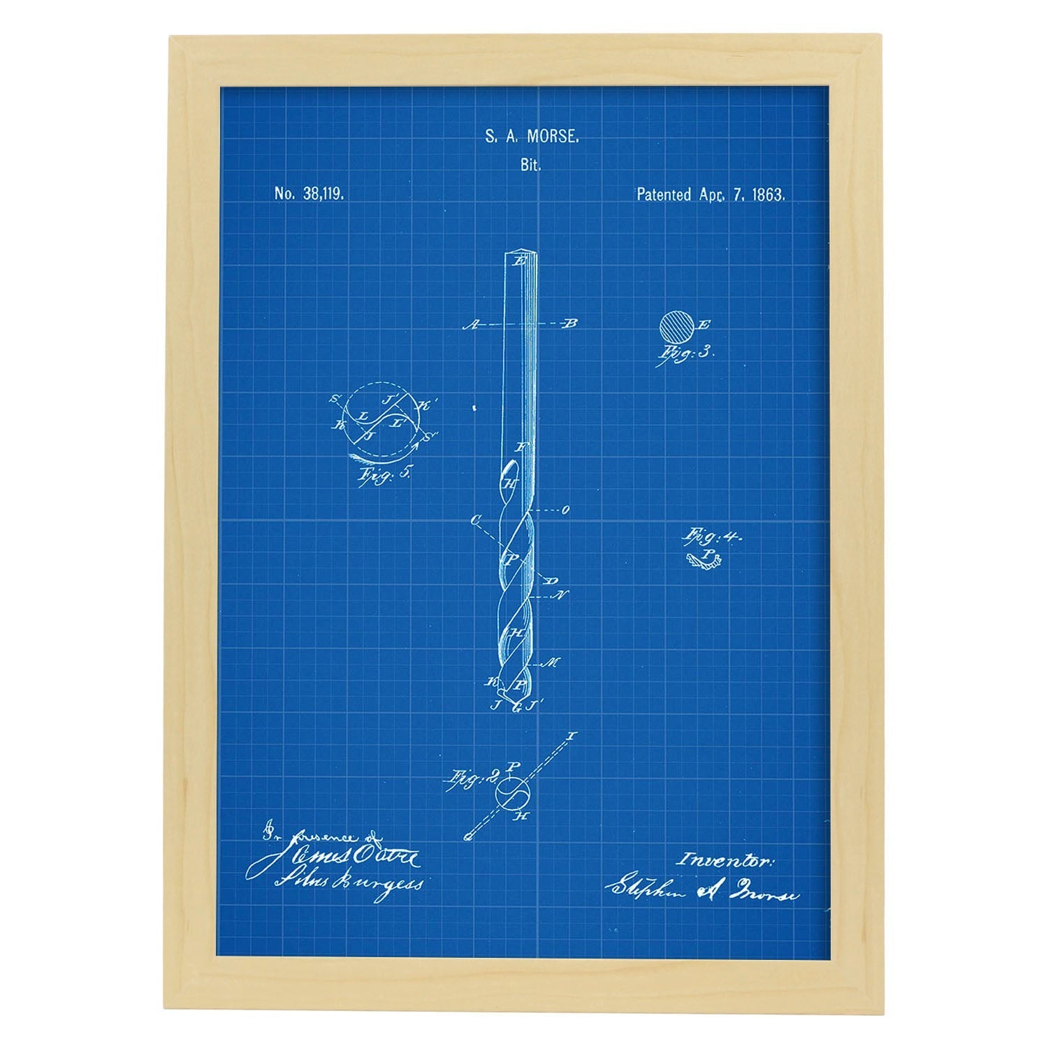 Poster con patente de Broca. Lámina con diseño de patente antigua-Artwork-Nacnic-A4-Marco Madera clara-Nacnic Estudio SL