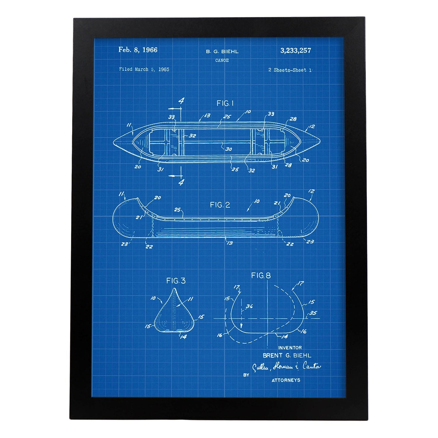 Poster con patente de Canoa 1. Lámina con diseño de patente antigua-Artwork-Nacnic-A3-Marco Negro-Nacnic Estudio SL