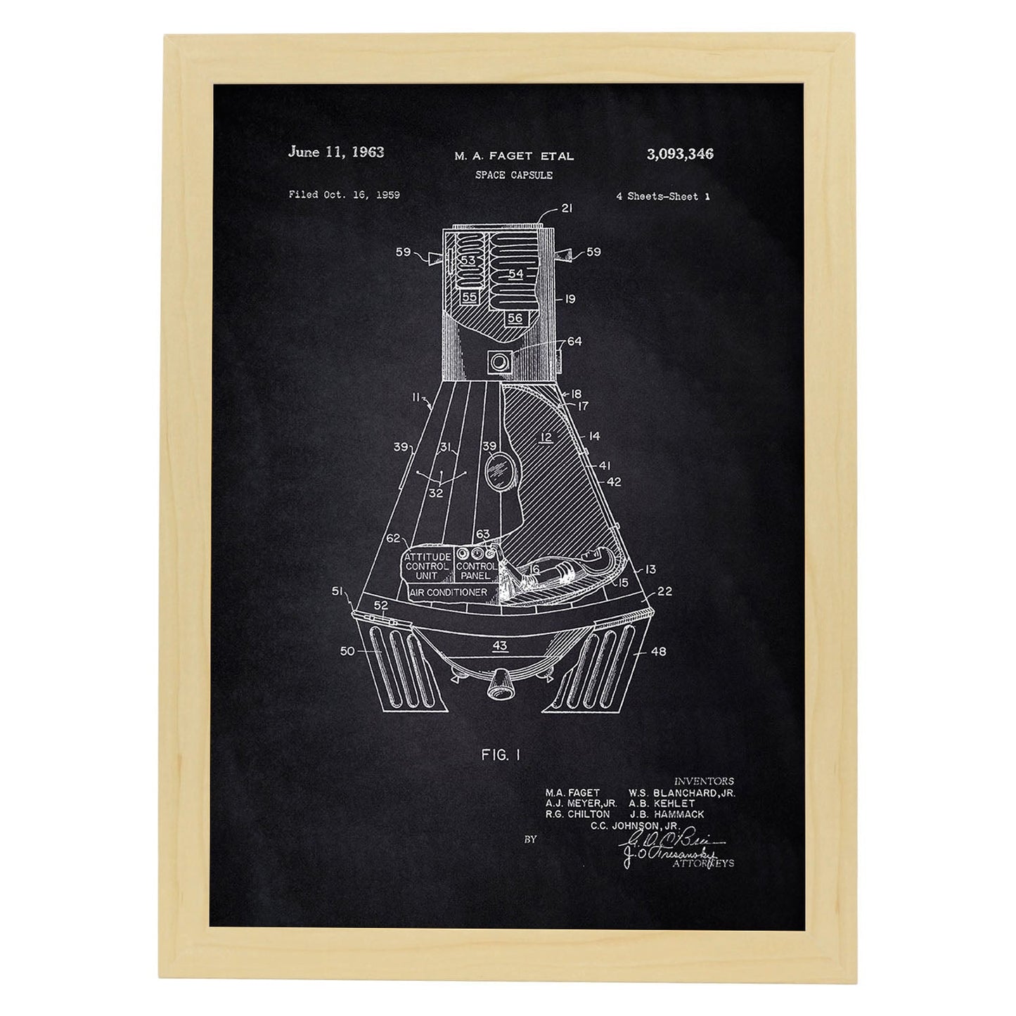 Poster con patente de Capsula espacial. Lámina con diseño de patente antigua-Artwork-Nacnic-A3-Marco Madera clara-Nacnic Estudio SL