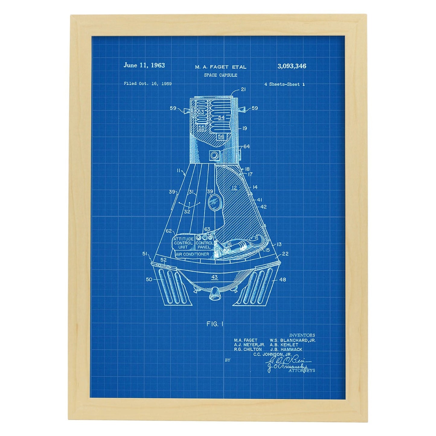 Poster con patente de Capsula espacial. Lámina con diseño de patente antigua-Artwork-Nacnic-A4-Marco Madera clara-Nacnic Estudio SL