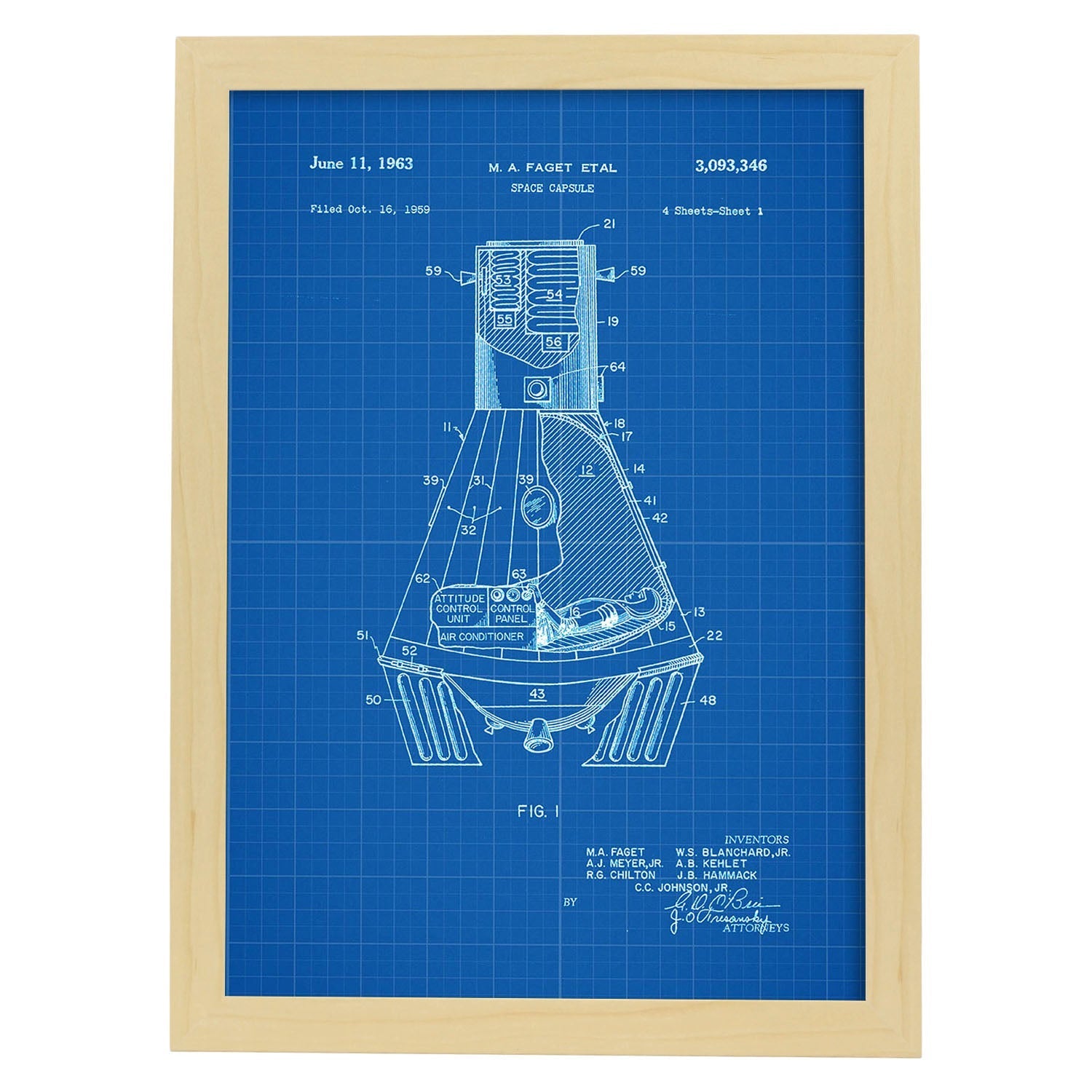 Poster con patente de Capsula espacial. Lámina con diseño de patente antigua-Artwork-Nacnic-A4-Marco Madera clara-Nacnic Estudio SL