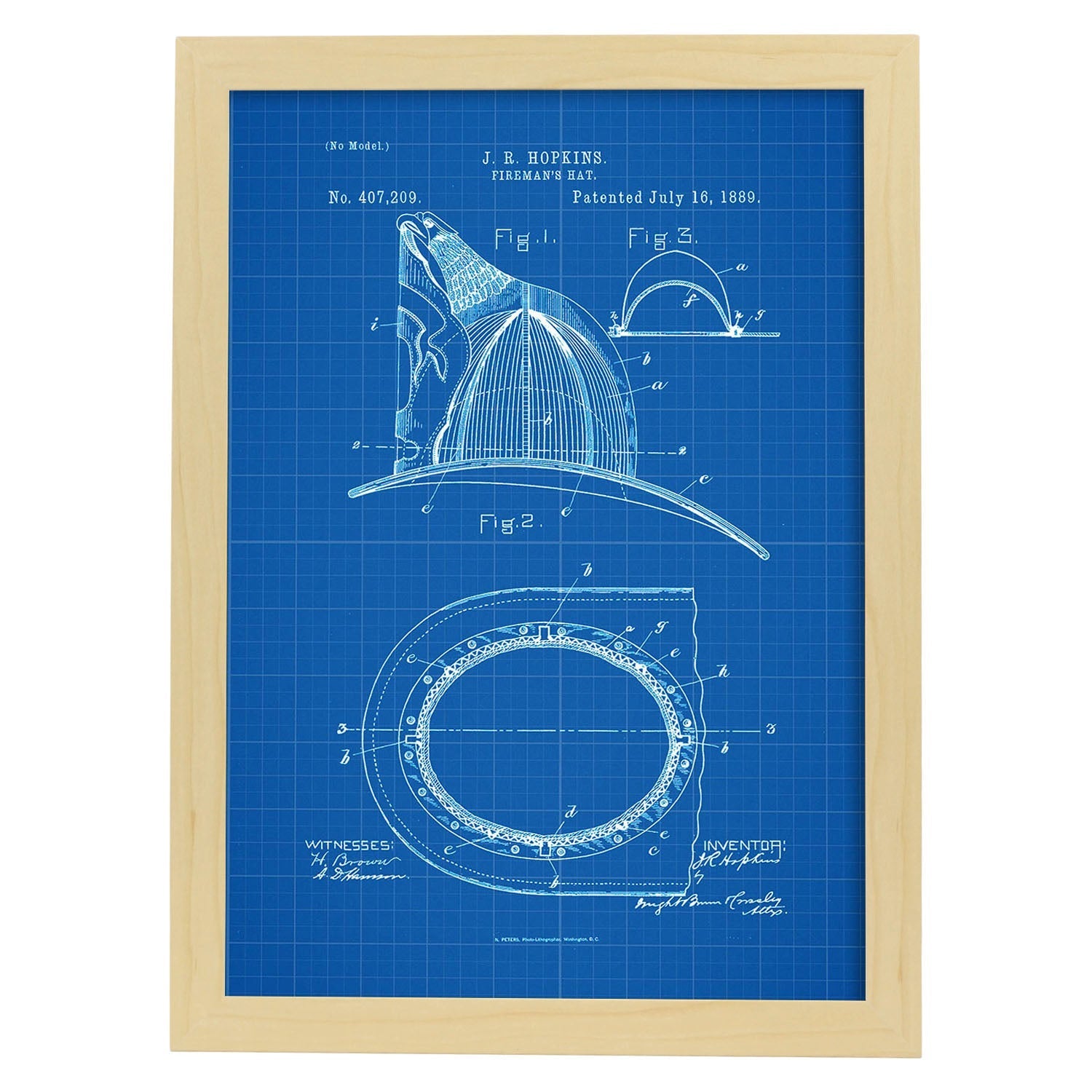 Poster con patente de Casco de bombero. Lámina con diseño de patente antigua-Artwork-Nacnic-A4-Marco Madera clara-Nacnic Estudio SL