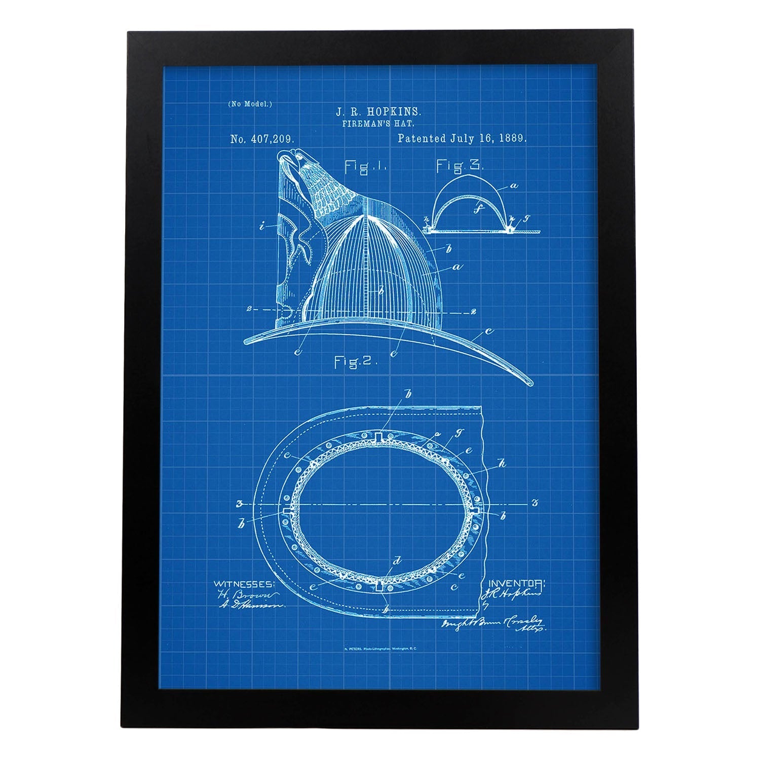 Poster con patente de Casco de bombero. Lámina con diseño de patente antigua-Artwork-Nacnic-A4-Marco Negro-Nacnic Estudio SL