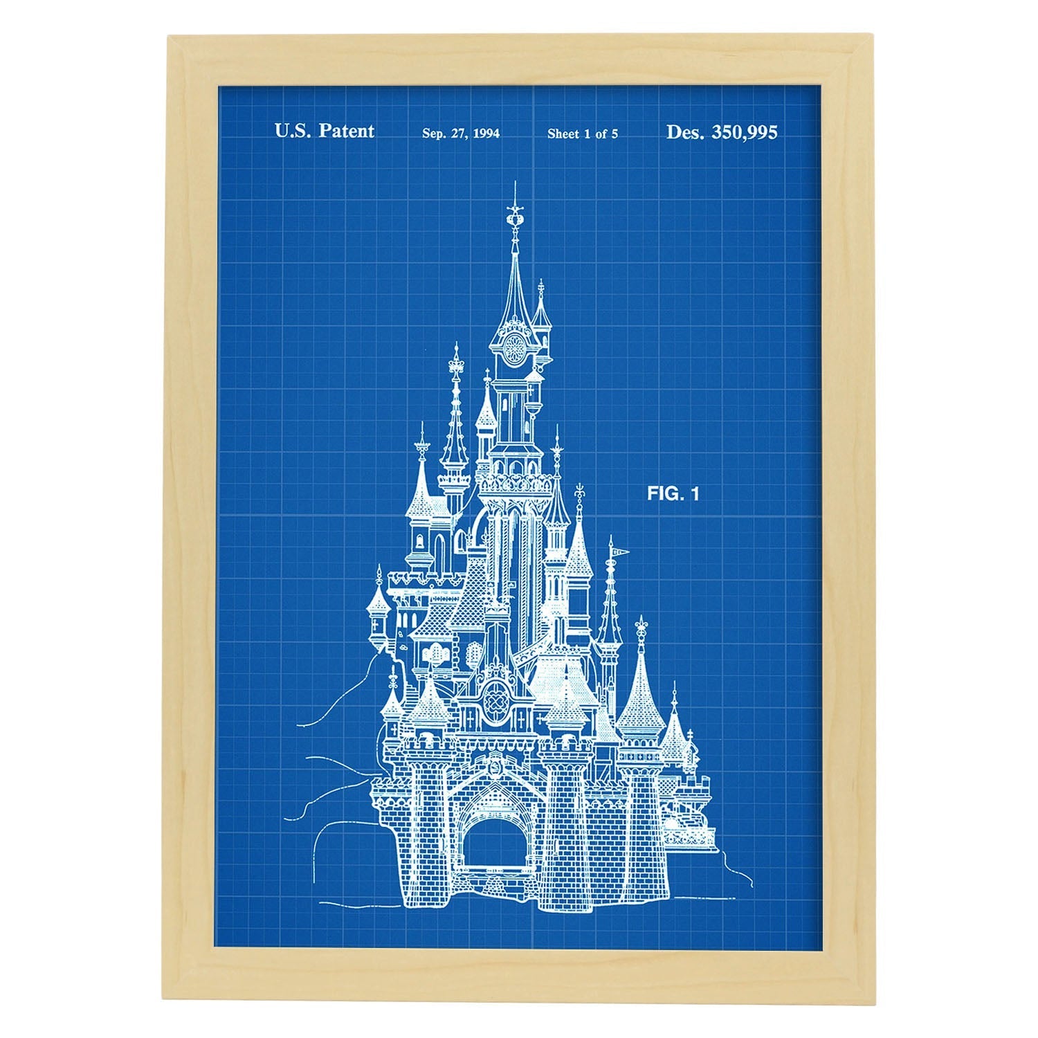Poster con patente de Castillo Disney. Lámina con diseño de patente antigua-Artwork-Nacnic-A3-Marco Madera clara-Nacnic Estudio SL