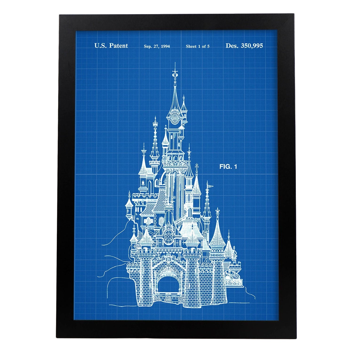 Poster con patente de Castillo Disney. Lámina con diseño de patente antigua-Artwork-Nacnic-A4-Marco Negro-Nacnic Estudio SL