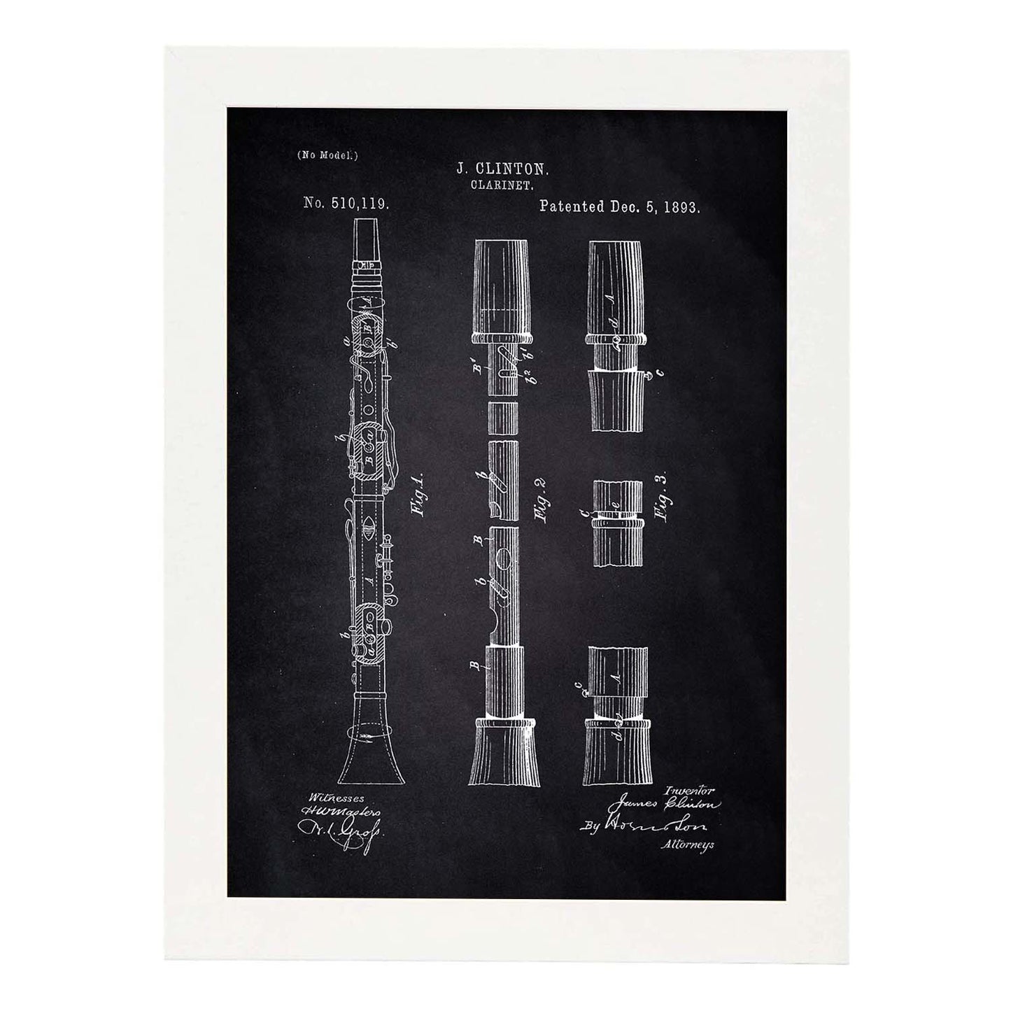 Poster con patente de Clarinete. Lámina con diseño de patente antigua-Artwork-Nacnic-A4-Marco Blanco-Nacnic Estudio SL