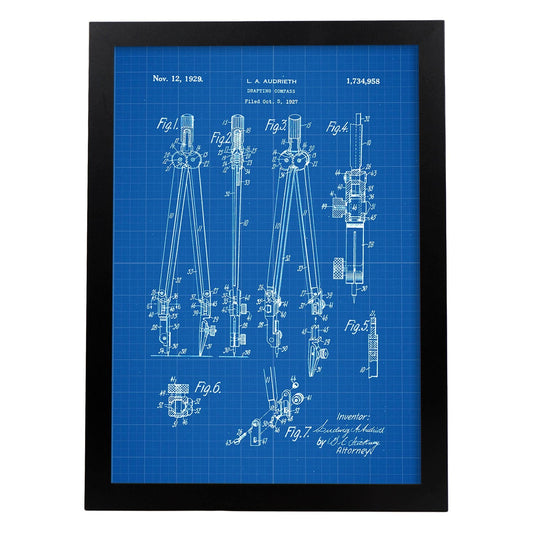 Poster con patente de Compas. Lámina con diseño de patente antigua-Artwork-Nacnic-A4-Marco Negro-Nacnic Estudio SL