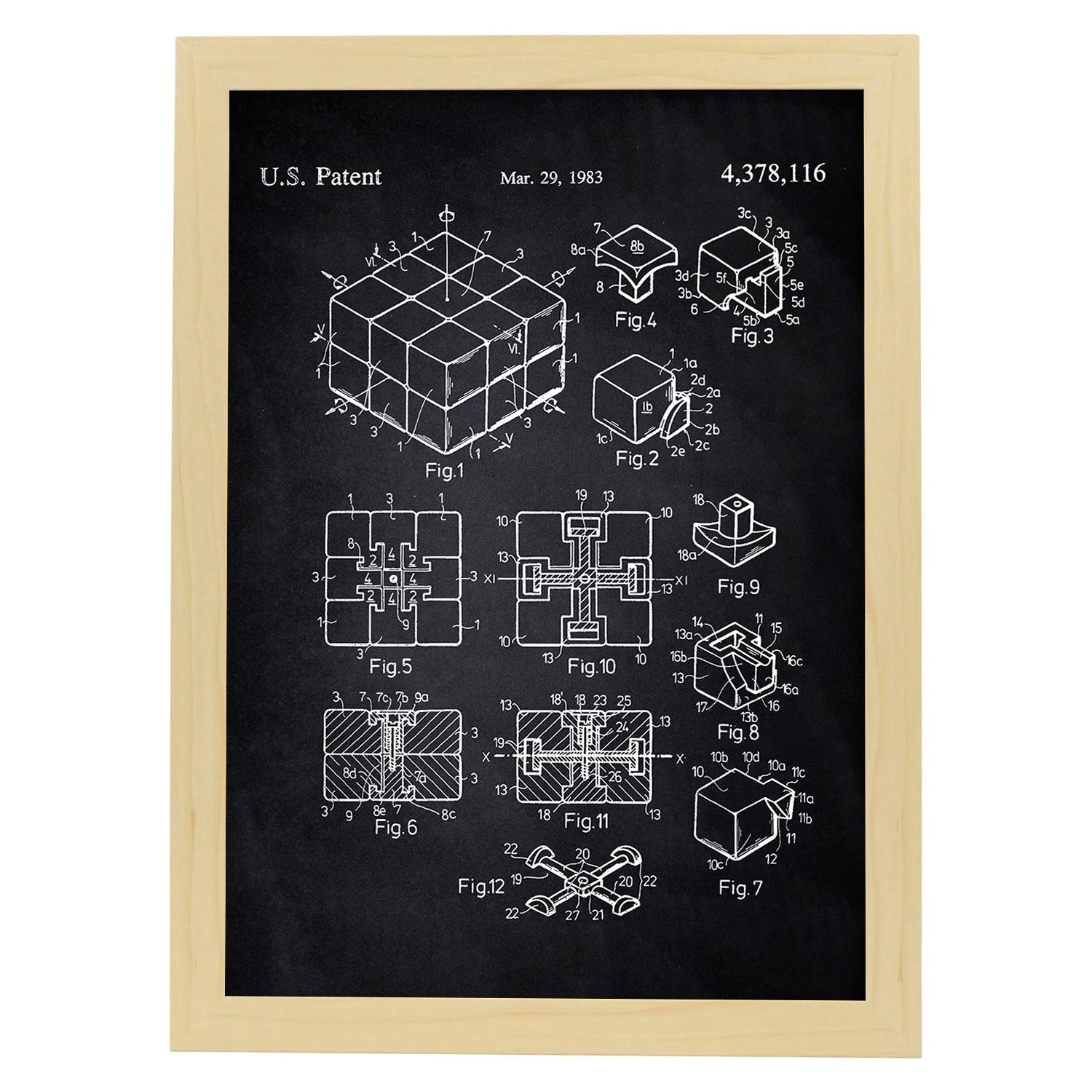 Poster con patente de Cubo de rubik. Lámina con diseño de patente antigua-Artwork-Nacnic-A4-Marco Madera clara-Nacnic Estudio SL