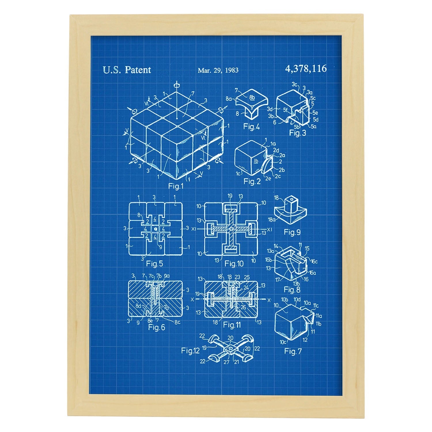 Poster con patente de Cubo de rubik. Lámina con diseño de patente antigua-Artwork-Nacnic-A4-Marco Madera clara-Nacnic Estudio SL