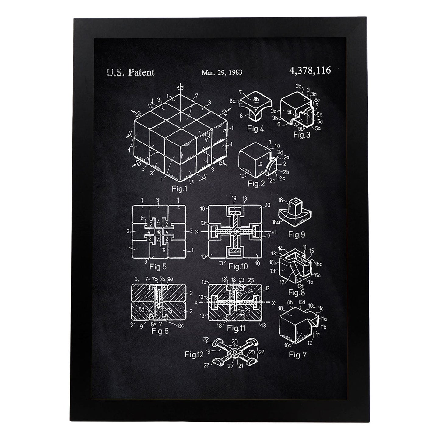Poster con patente de Cubo de rubik. Lámina con diseño de patente antigua-Artwork-Nacnic-A4-Marco Negro-Nacnic Estudio SL