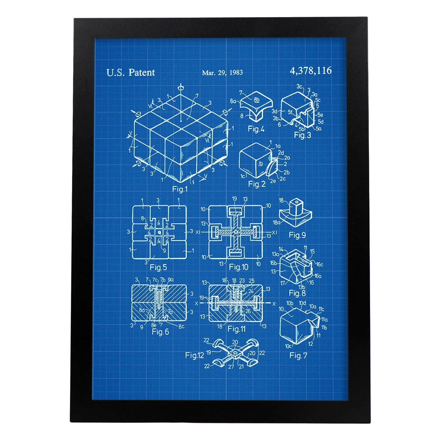 Poster con patente de Cubo de rubik. Lámina con diseño de patente antigua-Artwork-Nacnic-A4-Marco Negro-Nacnic Estudio SL