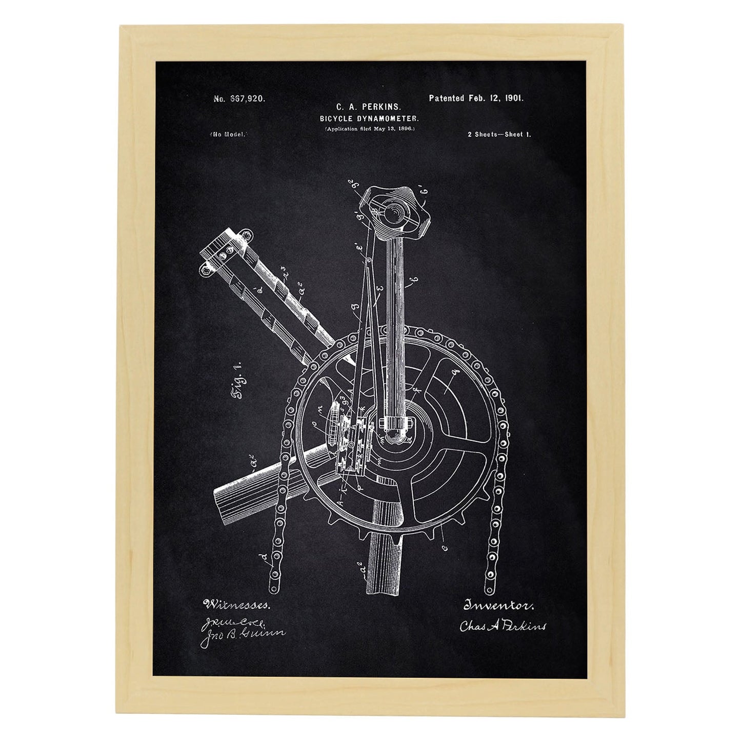 Poster con patente de Dinamo para bicicleta. Lámina con diseño de patente antigua-Artwork-Nacnic-A3-Marco Madera clara-Nacnic Estudio SL