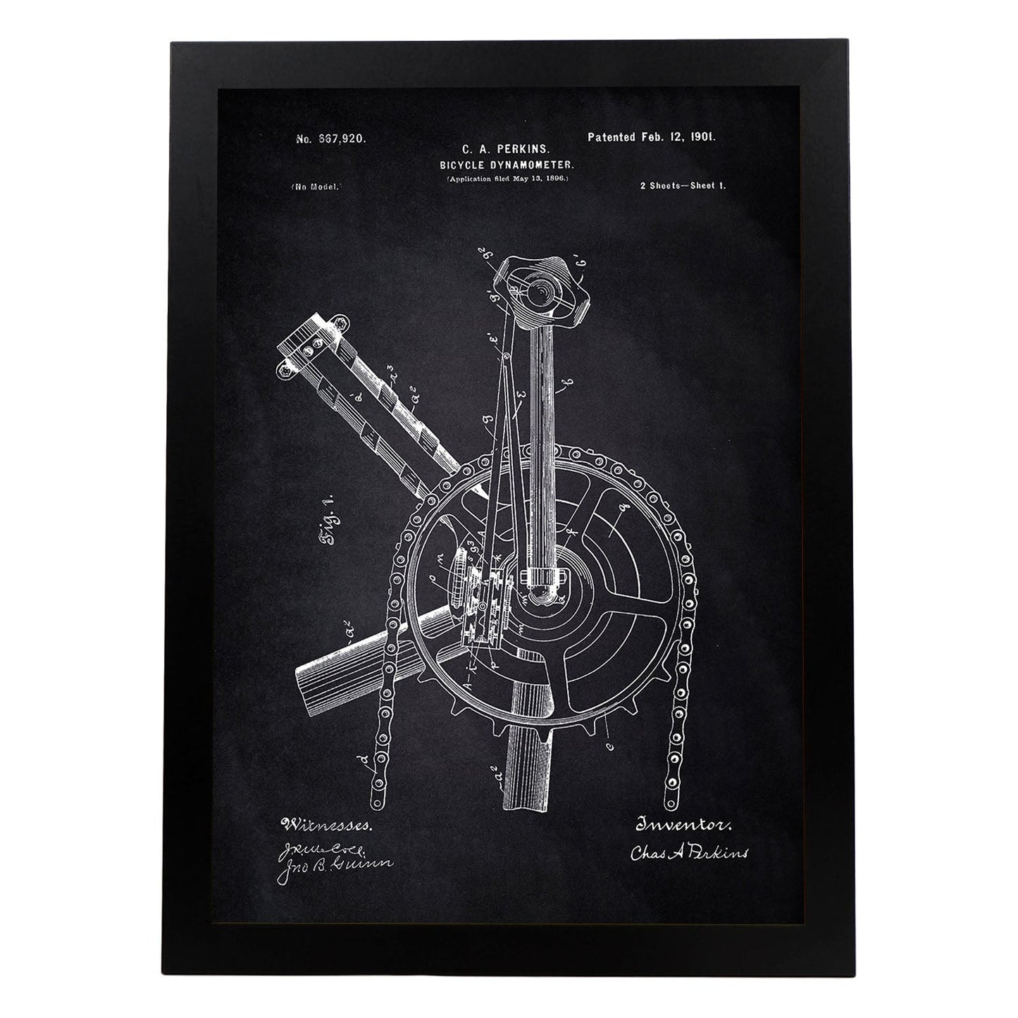 Poster con patente de Dinamo para bicicleta. Lámina con diseño de patente antigua-Artwork-Nacnic-A4-Marco Negro-Nacnic Estudio SL