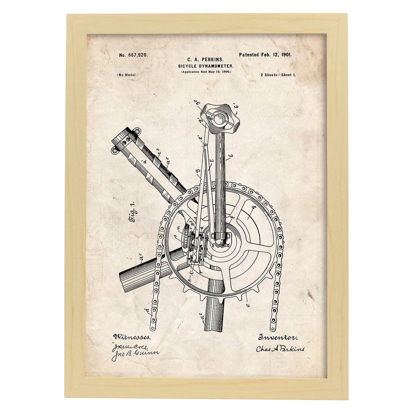 Poster con patente de Dinamo para bicicleta. Lámina con diseño de patente antigua.-Artwork-Nacnic-A4-Marco Madera clara-Nacnic Estudio SL