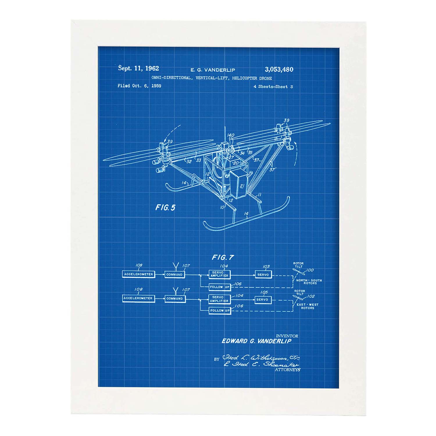 Poster con patente de Dron helicoptero 3. Lámina con diseño de patente antigua-Artwork-Nacnic-A4-Marco Blanco-Nacnic Estudio SL