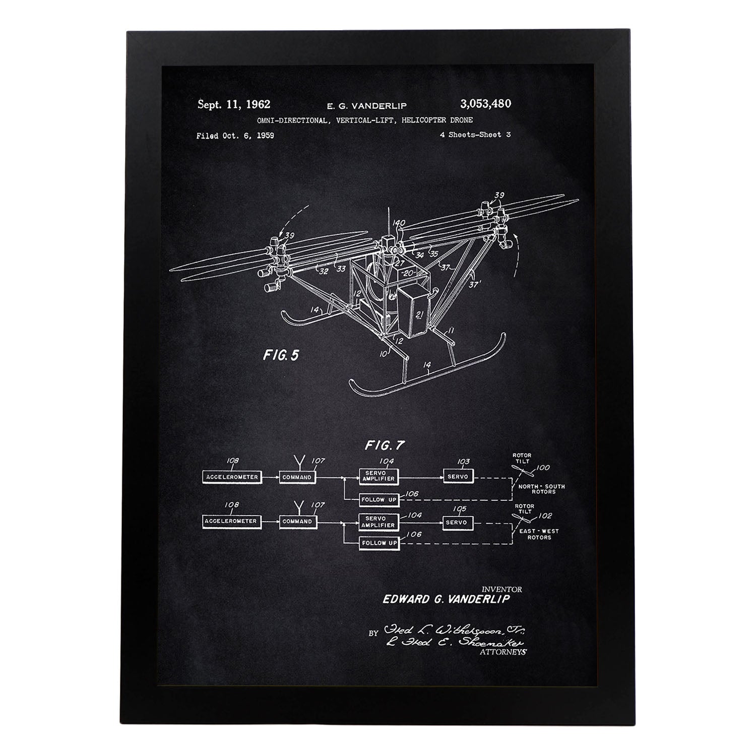Poster con patente de Dron helicoptero 3. Lámina con diseño de patente antigua-Artwork-Nacnic-A4-Marco Negro-Nacnic Estudio SL