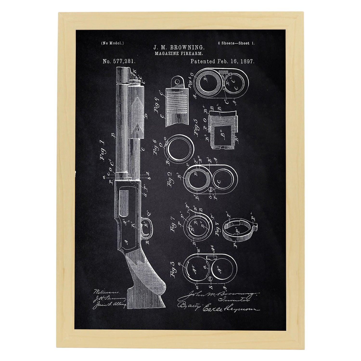 Poster con patente de Escopeta. Lámina con diseño de patente antigua-Artwork-Nacnic-A3-Marco Madera clara-Nacnic Estudio SL