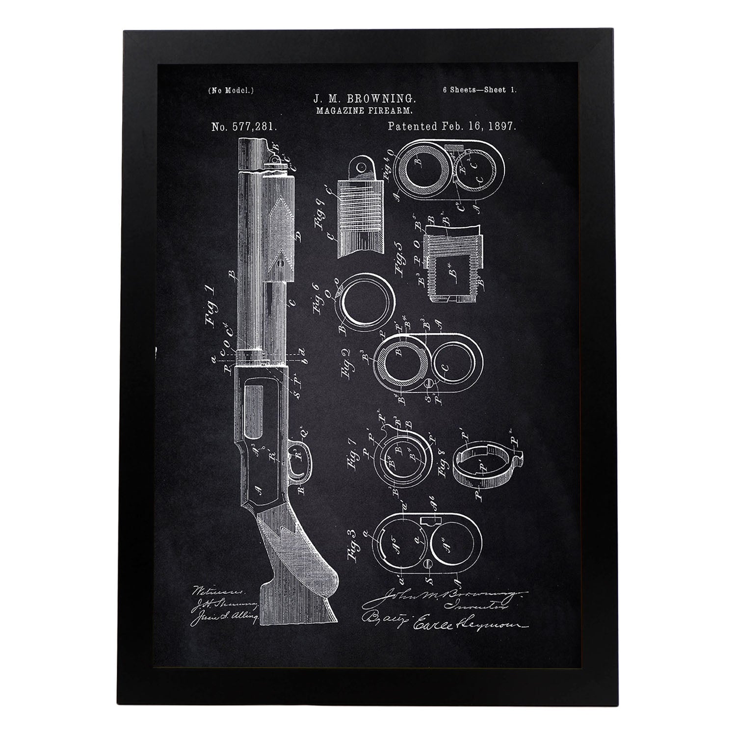 Poster con patente de Escopeta. Lámina con diseño de patente antigua-Artwork-Nacnic-A3-Marco Negro-Nacnic Estudio SL