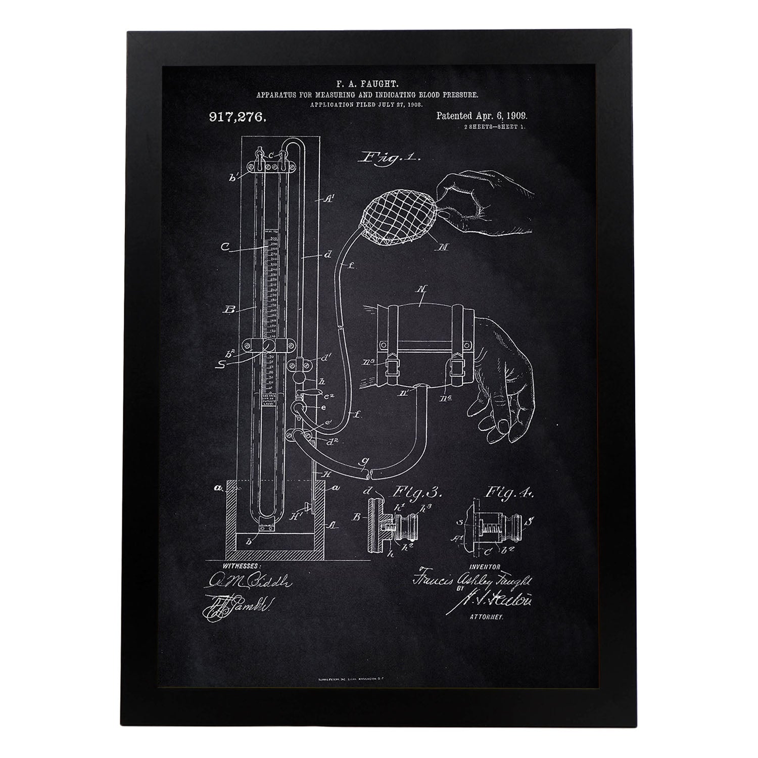 Poster con patente de Esfigmomanómetro. Lámina con diseño de patente antigua-Artwork-Nacnic-A4-Marco Negro-Nacnic Estudio SL