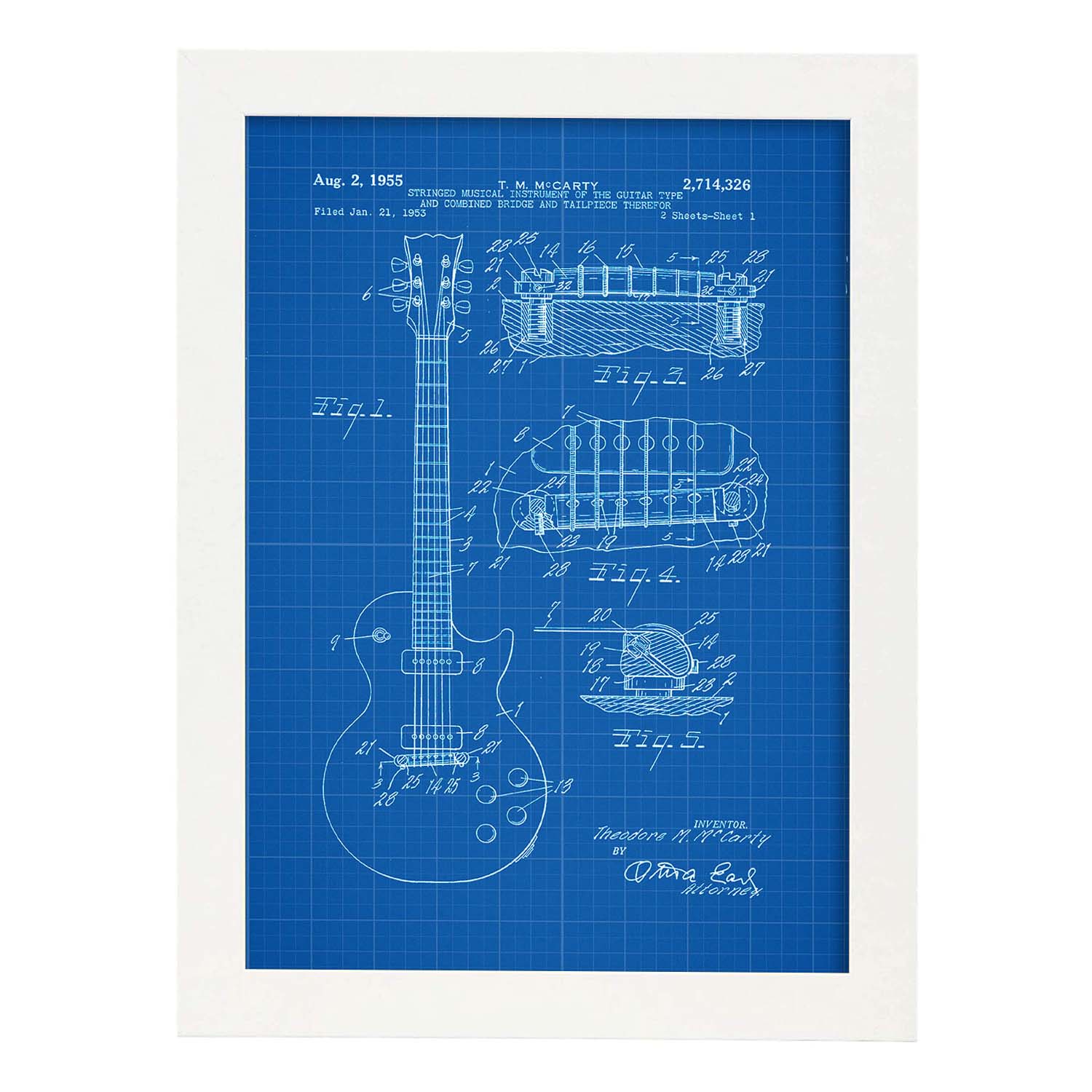 Poster con patente de Guitarra. Lámina con diseño de patente antigua-Artwork-Nacnic-A3-Marco Blanco-Nacnic Estudio SL
