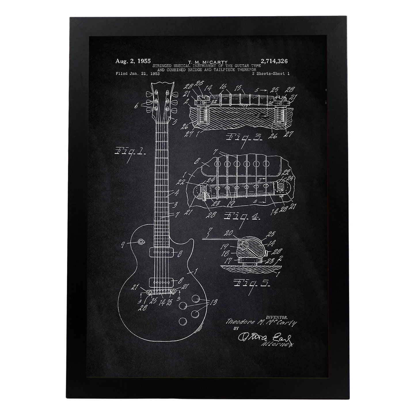Poster con patente de Guitarra. Lámina con diseño de patente antigua-Artwork-Nacnic-A4-Marco Negro-Nacnic Estudio SL