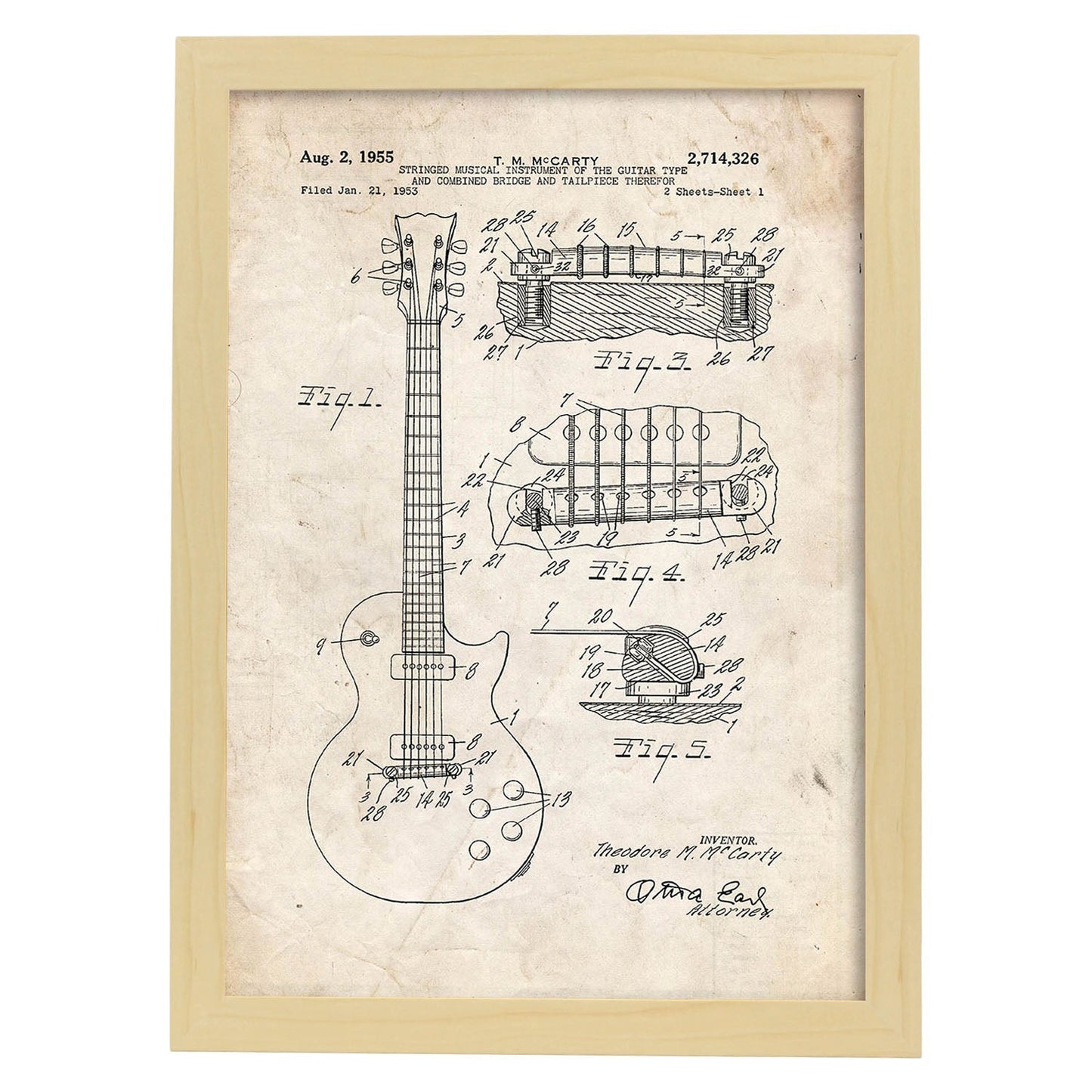 Poster con patente de Guitarra. Lámina con diseño de patente antigua.-Artwork-Nacnic-A4-Marco Madera clara-Nacnic Estudio SL