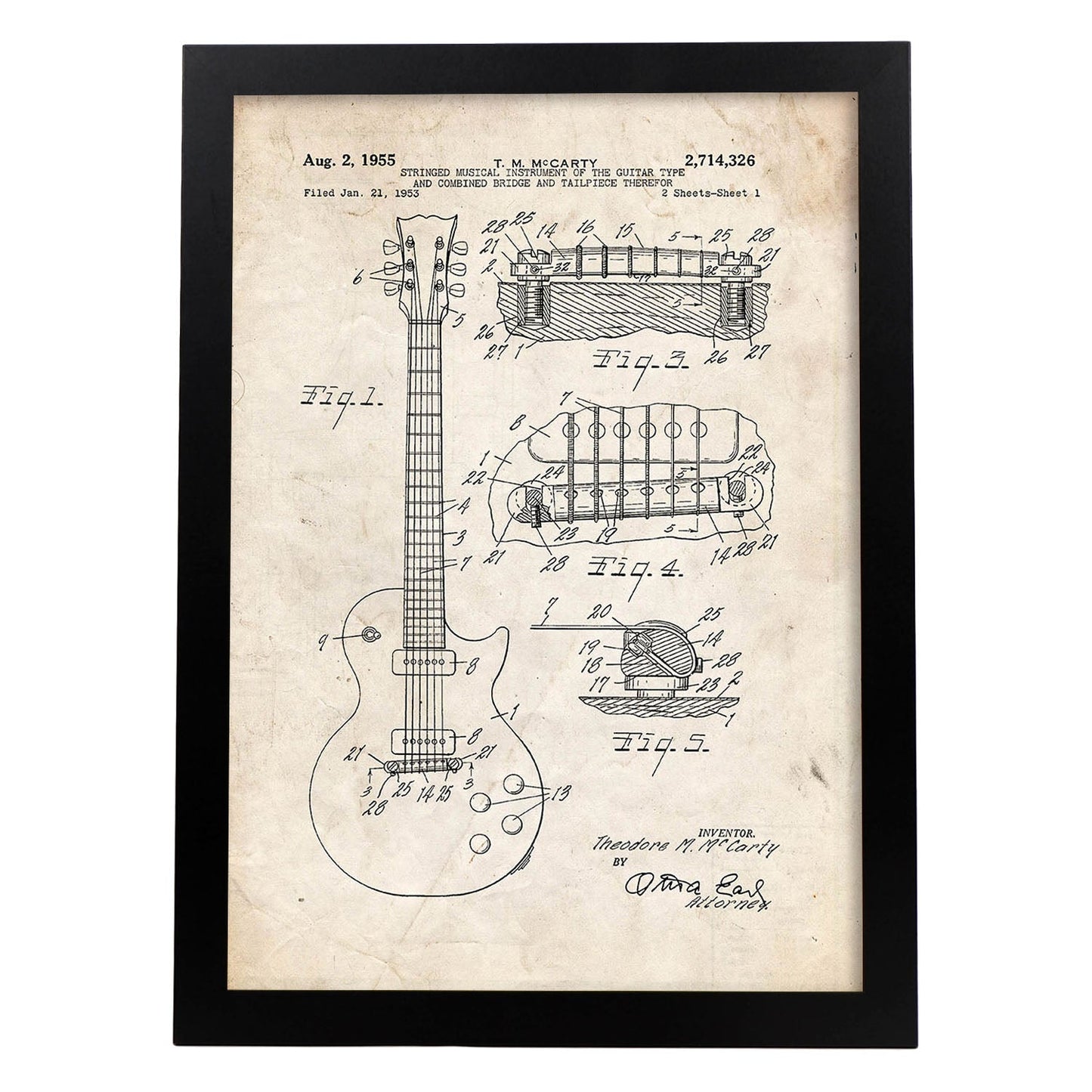Poster con patente de Guitarra. Lámina con diseño de patente antigua.-Artwork-Nacnic-A4-Marco Negro-Nacnic Estudio SL