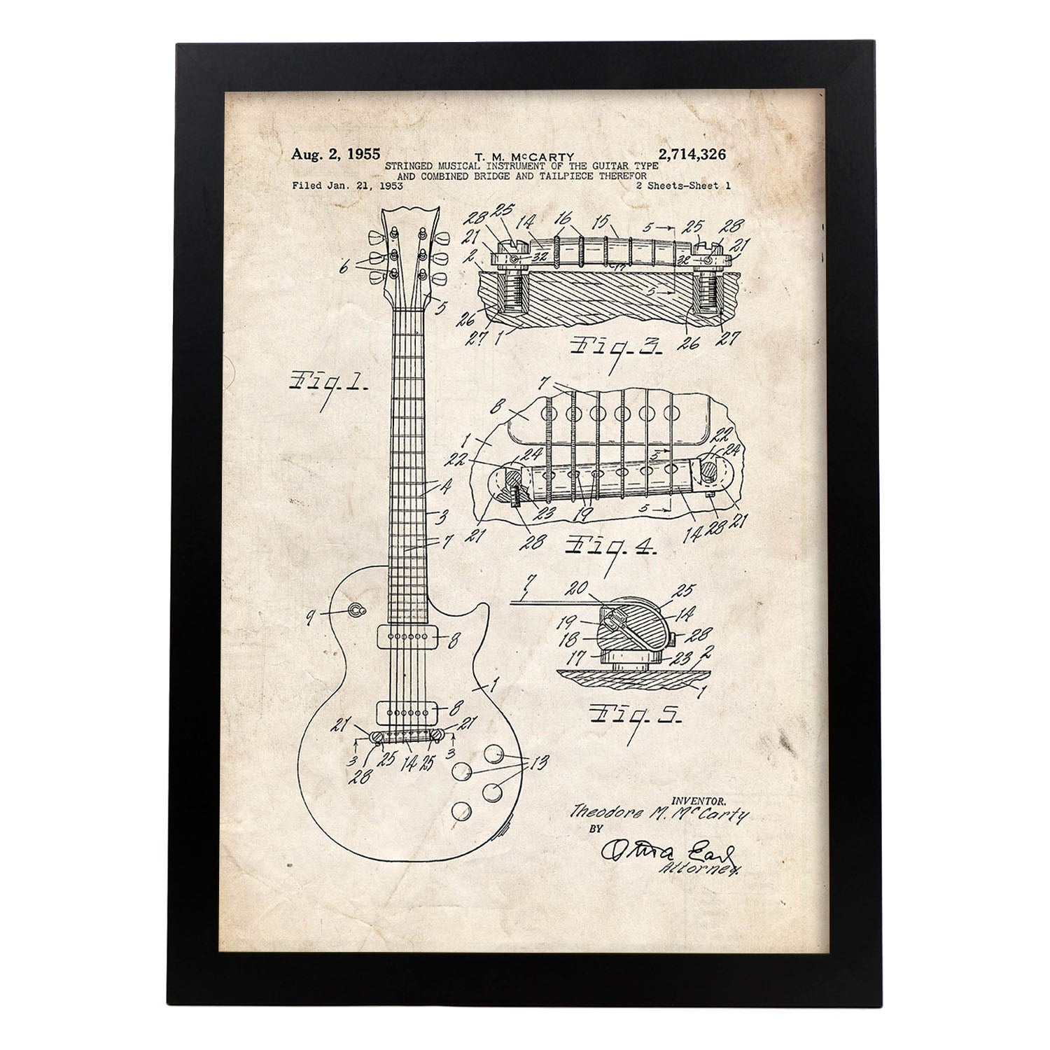 Poster con patente de Guitarra. Lámina con diseño de patente antigua.-Artwork-Nacnic-A4-Marco Negro-Nacnic Estudio SL