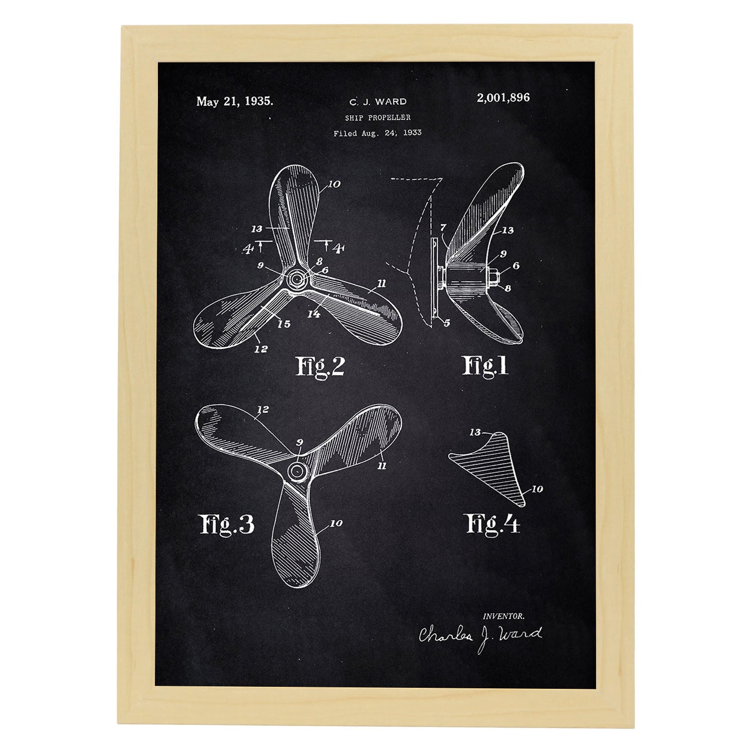 Poster con patente de Helice de barco. Lámina con diseño de patente antigua-Artwork-Nacnic-A4-Marco Madera clara-Nacnic Estudio SL