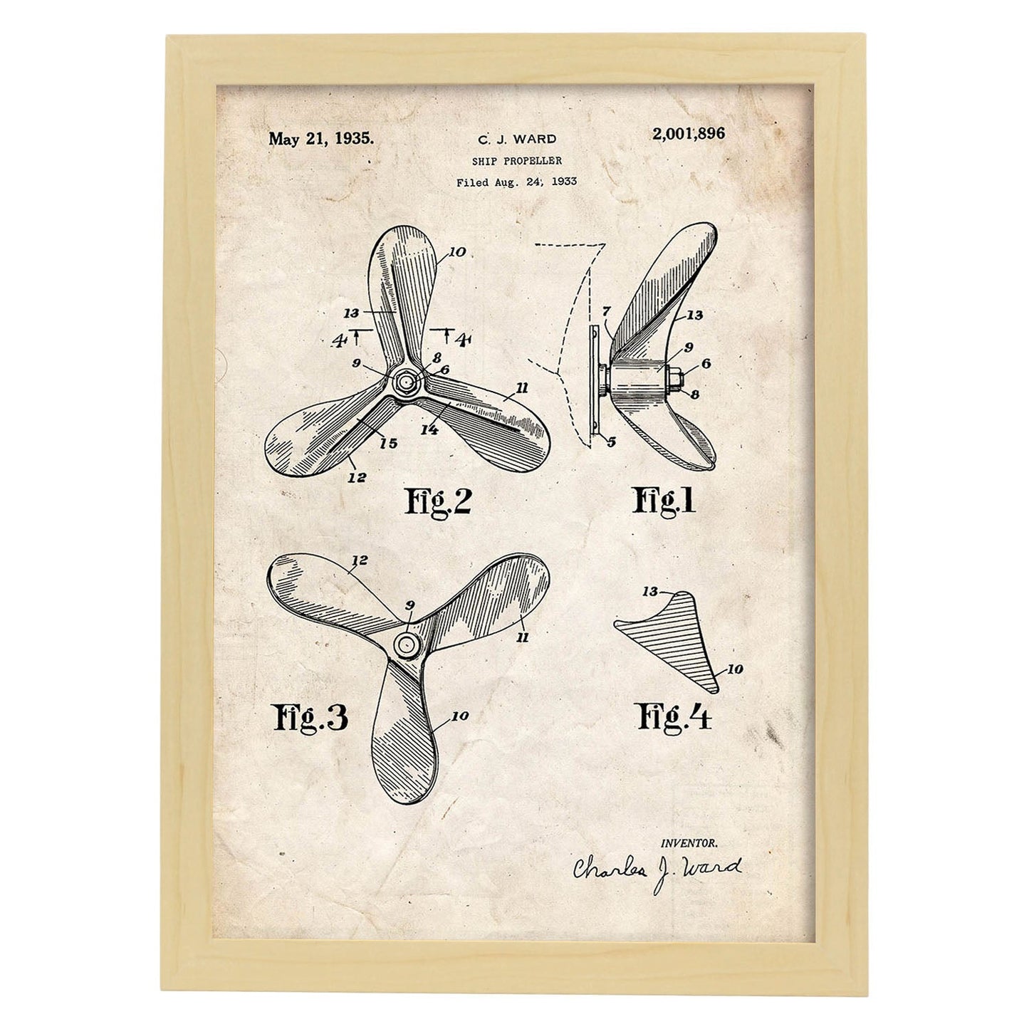 Poster con patente de Helice de barco. Lámina con diseño de patente antigua.-Artwork-Nacnic-A3-Marco Madera clara-Nacnic Estudio SL