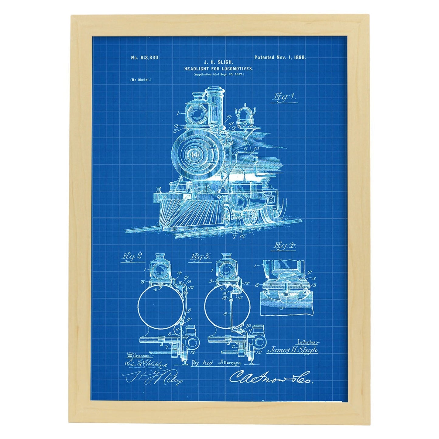 Poster con patente de Lampara para locomotoras. Lámina con diseño de patente antigua-Artwork-Nacnic-A3-Marco Madera clara-Nacnic Estudio SL