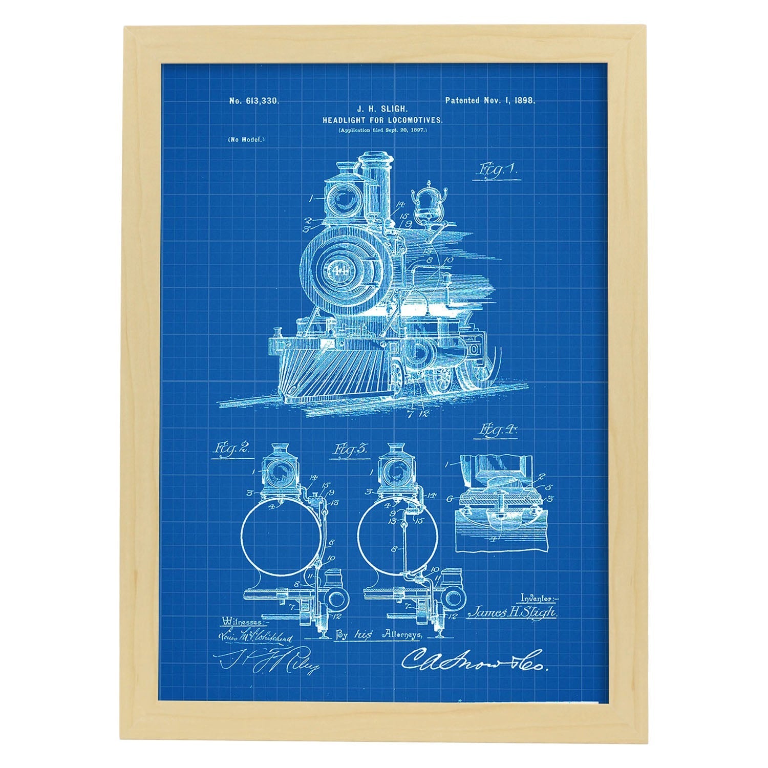 Poster con patente de Lampara para locomotoras. Lámina con diseño de patente antigua-Artwork-Nacnic-A3-Marco Madera clara-Nacnic Estudio SL