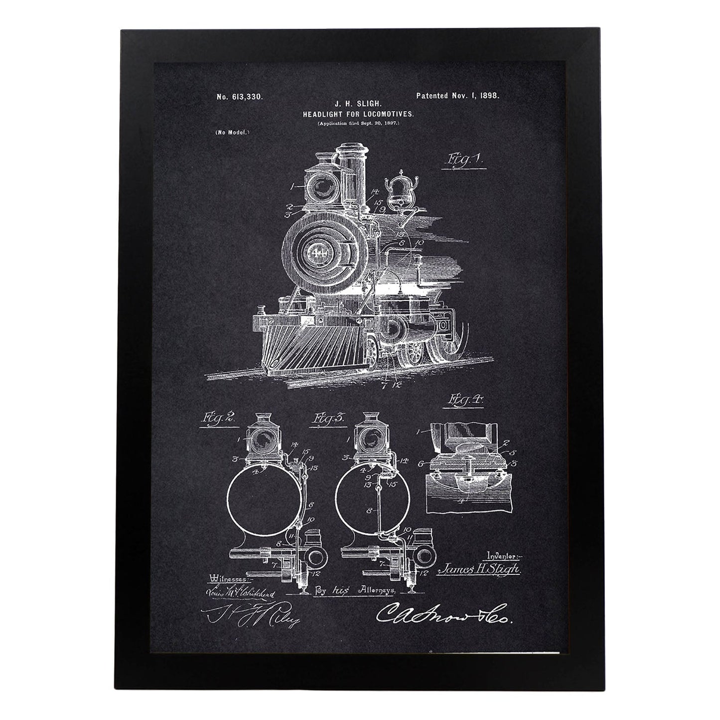 Poster con patente de Lampara para locomotoras. Lámina con diseño de patente antigua-Artwork-Nacnic-A4-Marco Negro-Nacnic Estudio SL