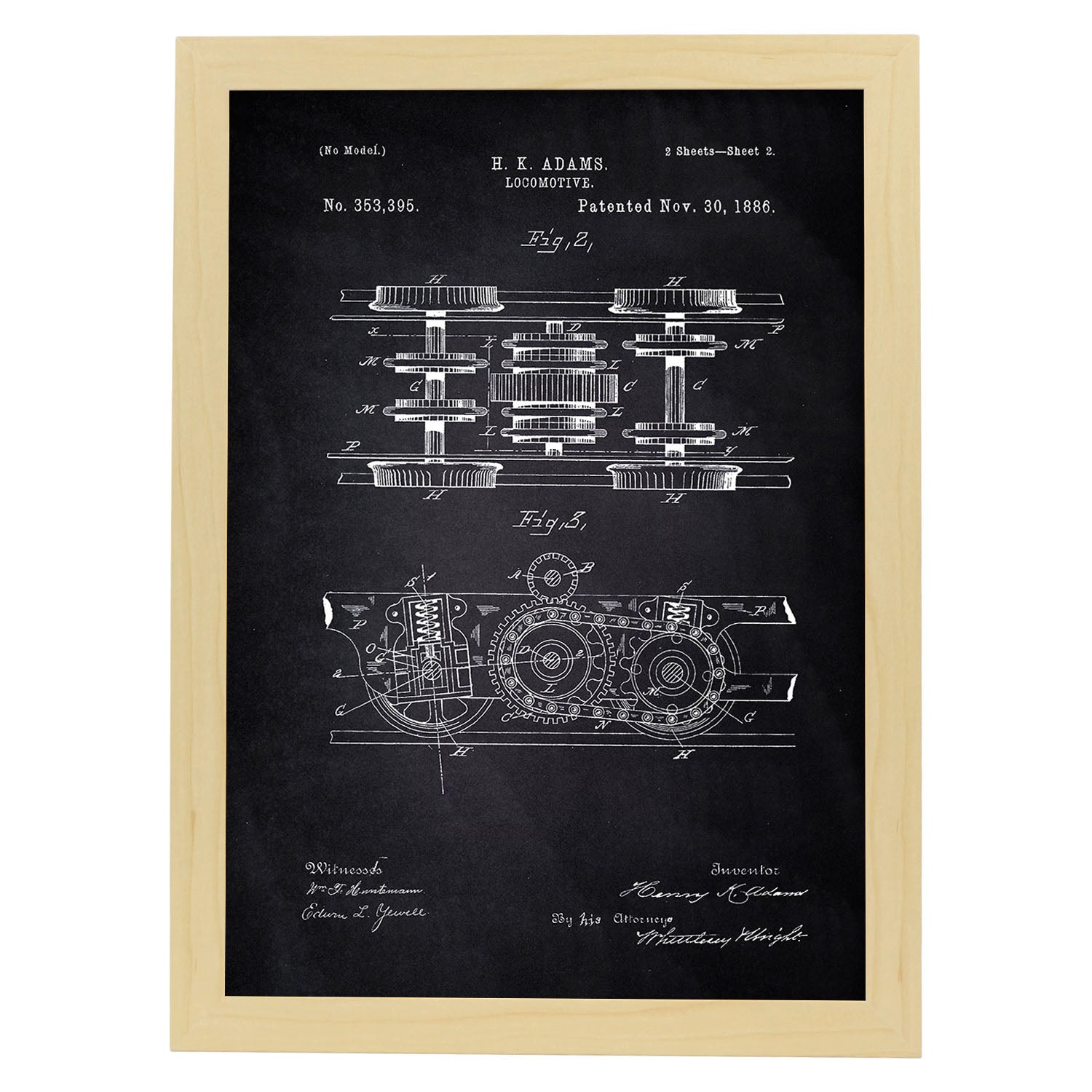 Poster con patente de Locomotora 3. Lámina con diseño de patente antigua-Artwork-Nacnic-A4-Marco Madera clara-Nacnic Estudio SL