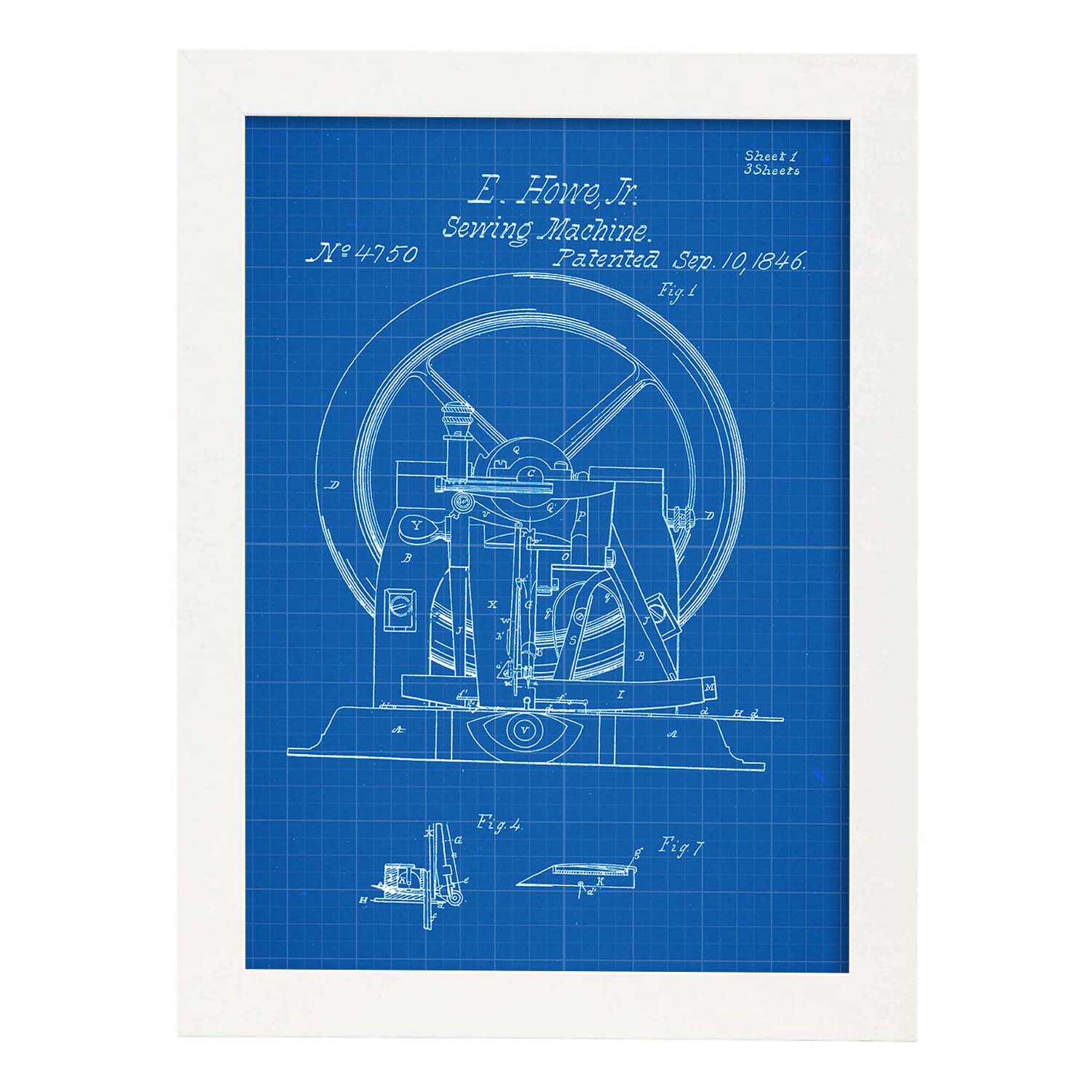 Poster con patente de Maquina de coser 2. Lámina con diseño de patente antigua-Artwork-Nacnic-A3-Marco Blanco-Nacnic Estudio SL