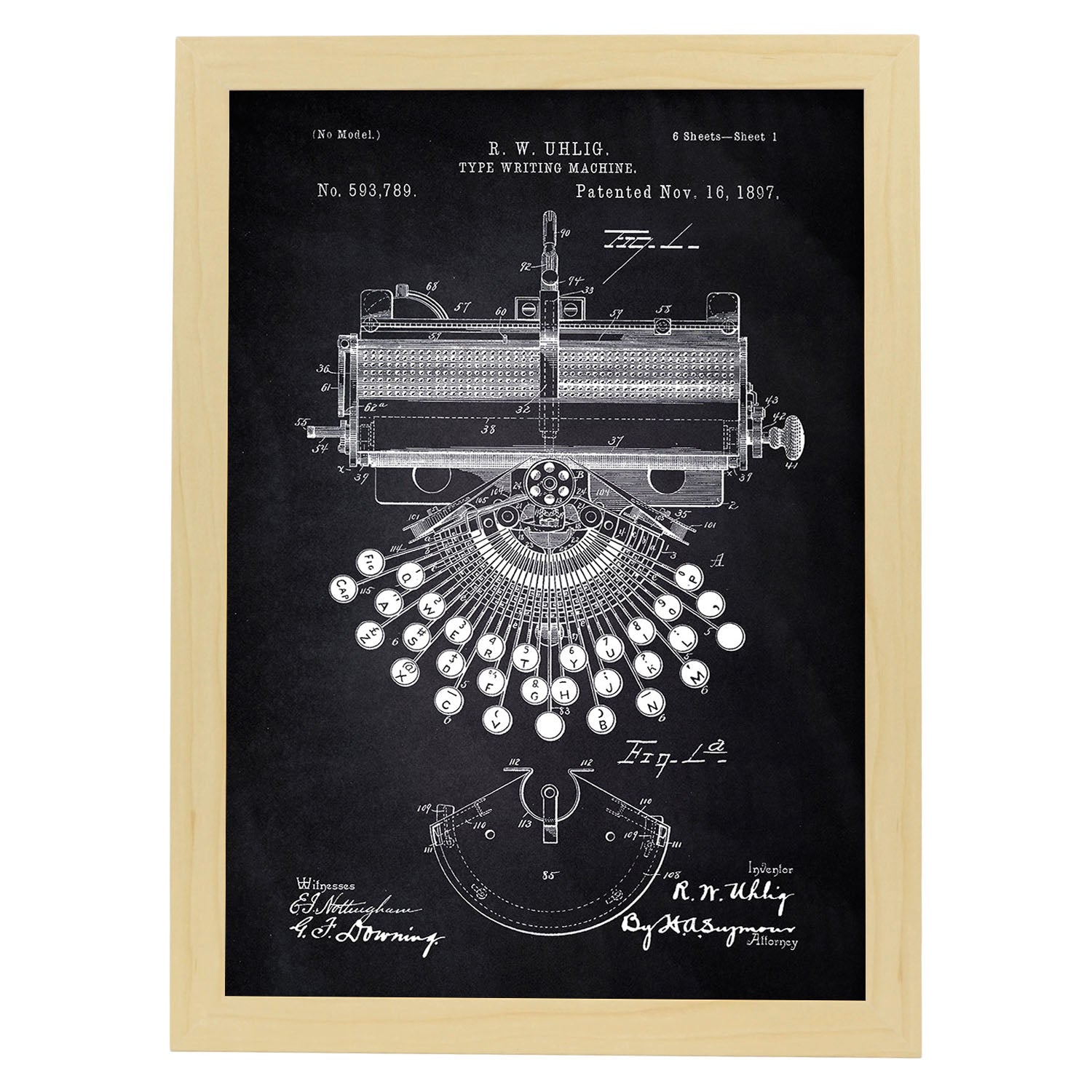 Poster con patente de Maquina de escribir. Lámina con diseño de patente antigua-Artwork-Nacnic-A3-Marco Madera clara-Nacnic Estudio SL