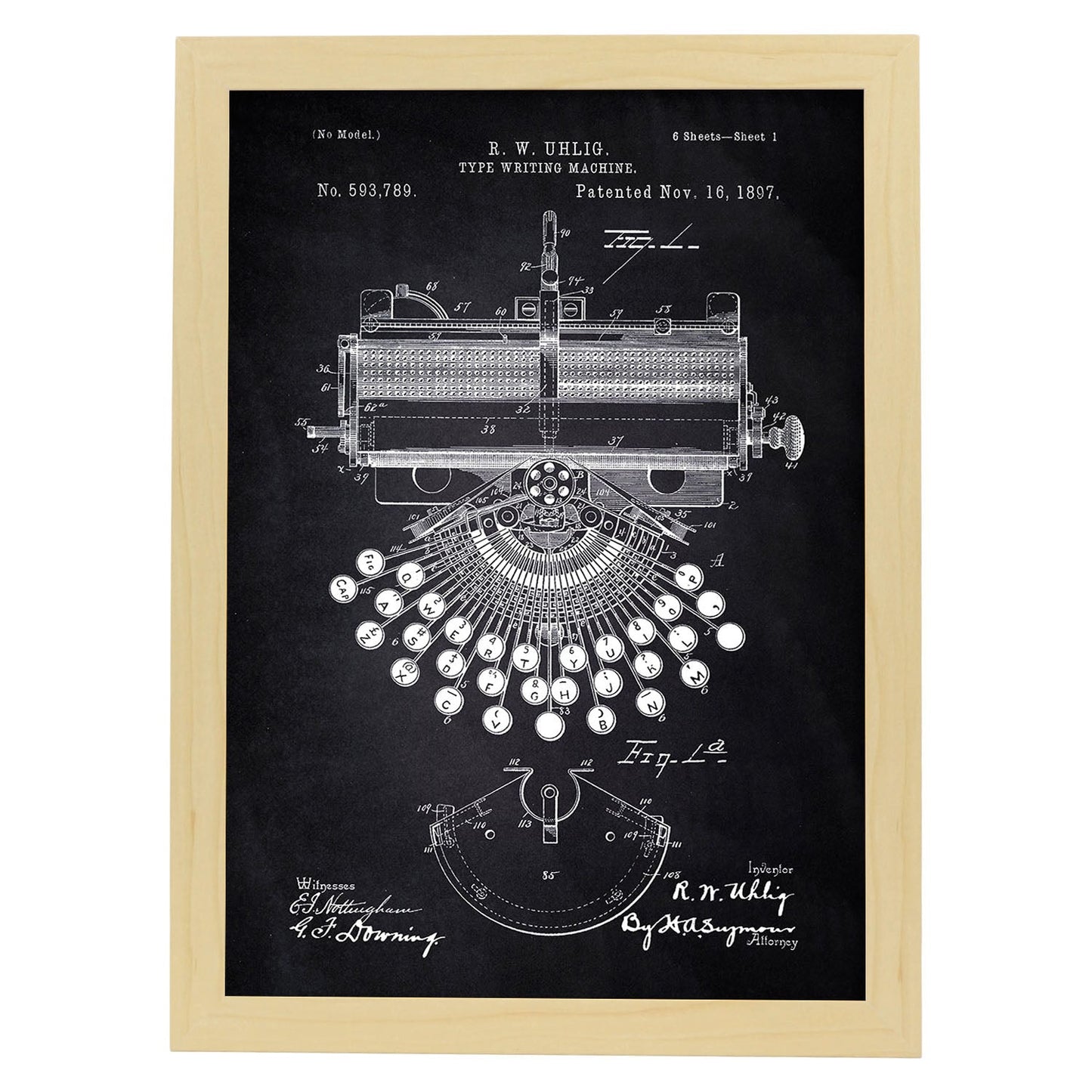 Poster con patente de Maquina de escribir. Lámina con diseño de patente antigua-Artwork-Nacnic-A4-Marco Madera clara-Nacnic Estudio SL