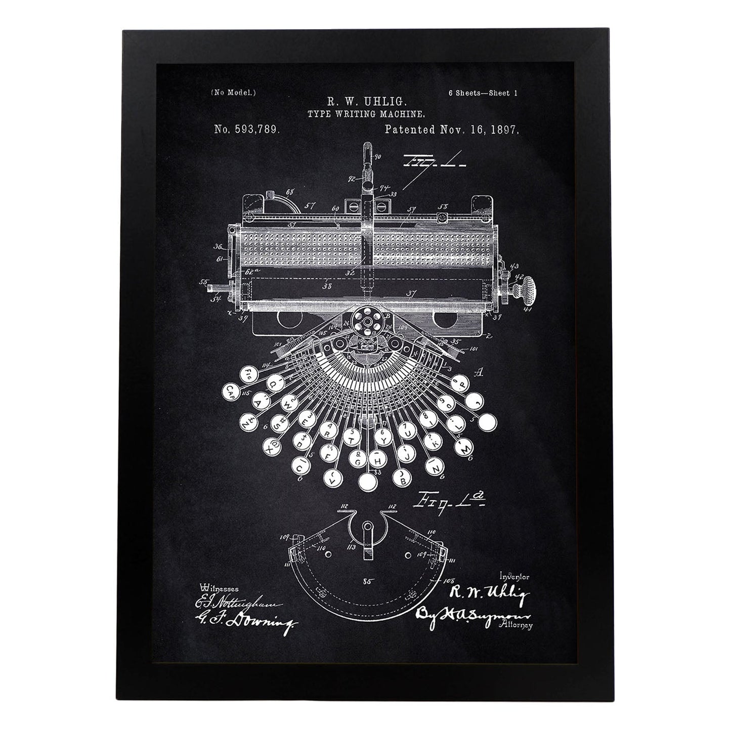 Poster con patente de Maquina de escribir. Lámina con diseño de patente antigua-Artwork-Nacnic-A4-Marco Negro-Nacnic Estudio SL