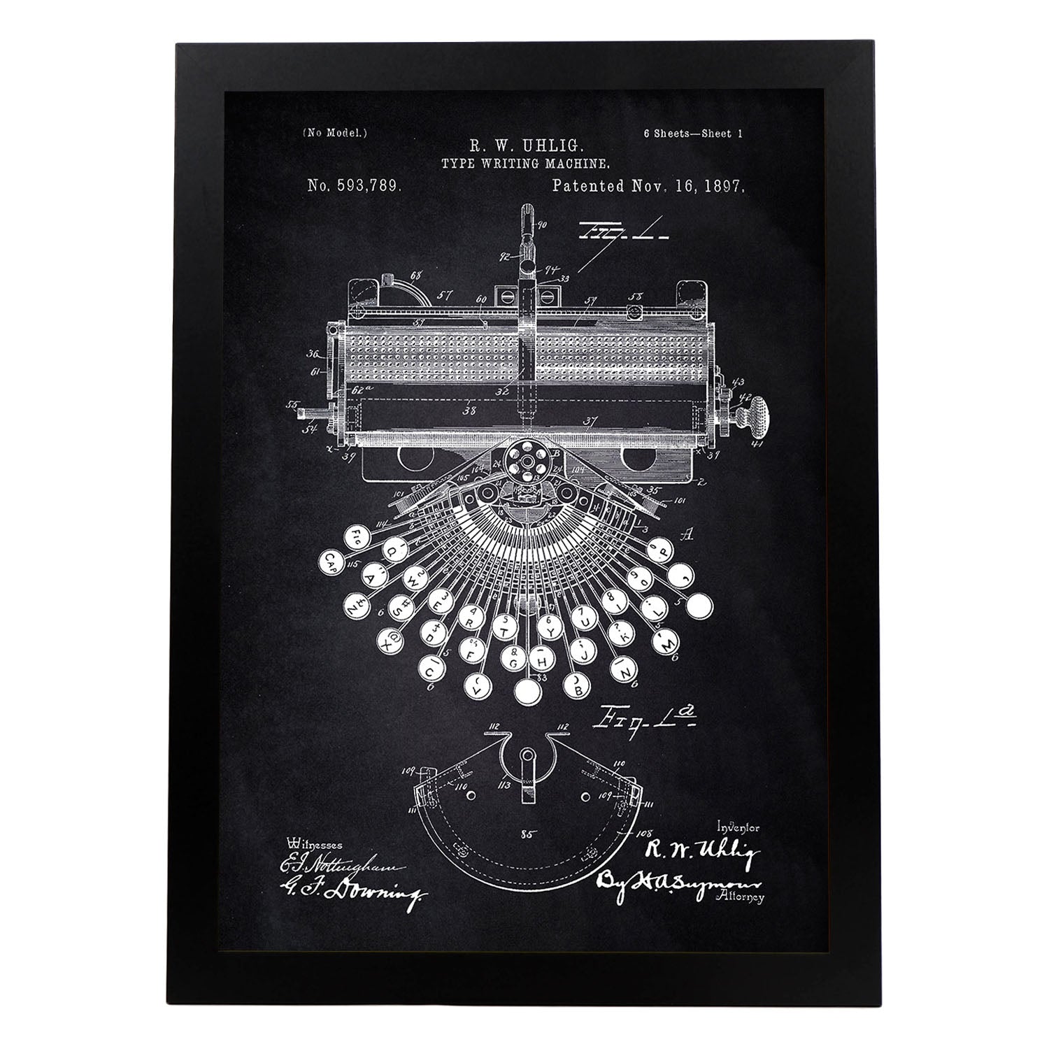 Poster con patente de Maquina de escribir. Lámina con diseño de patente antigua-Artwork-Nacnic-A4-Marco Negro-Nacnic Estudio SL