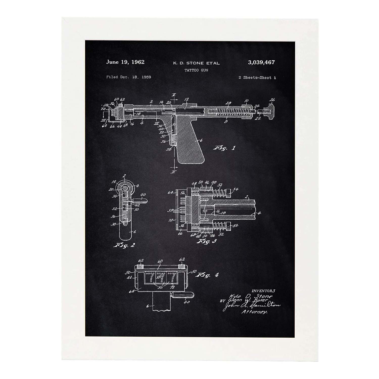 Poster con patente de Maquina de tatuajes 2. Lámina con diseño de patente antigua-Artwork-Nacnic-A4-Marco Blanco-Nacnic Estudio SL