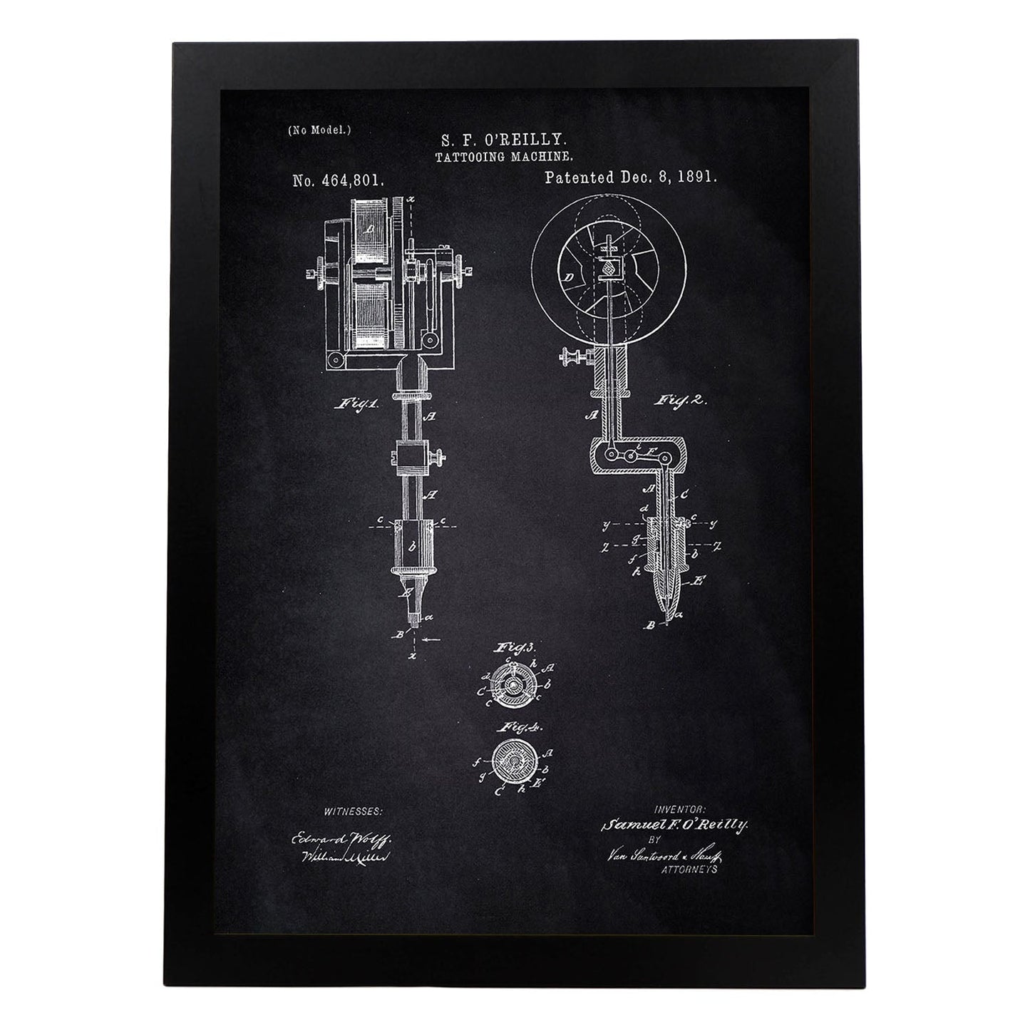 Poster con patente de Maquina de tatuajes. Lámina con diseño de patente antigua-Artwork-Nacnic-A4-Marco Negro-Nacnic Estudio SL