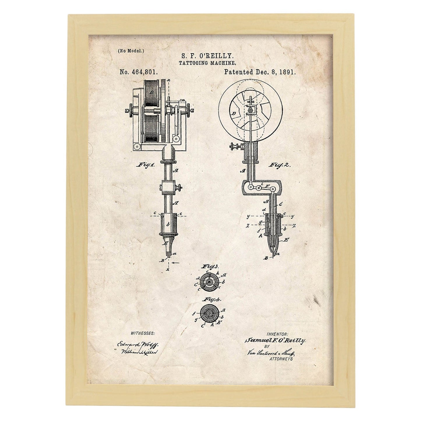 Poster con patente de Maquina de tatuajes. Lámina con diseño de patente antigua.-Artwork-Nacnic-A3-Marco Madera clara-Nacnic Estudio SL